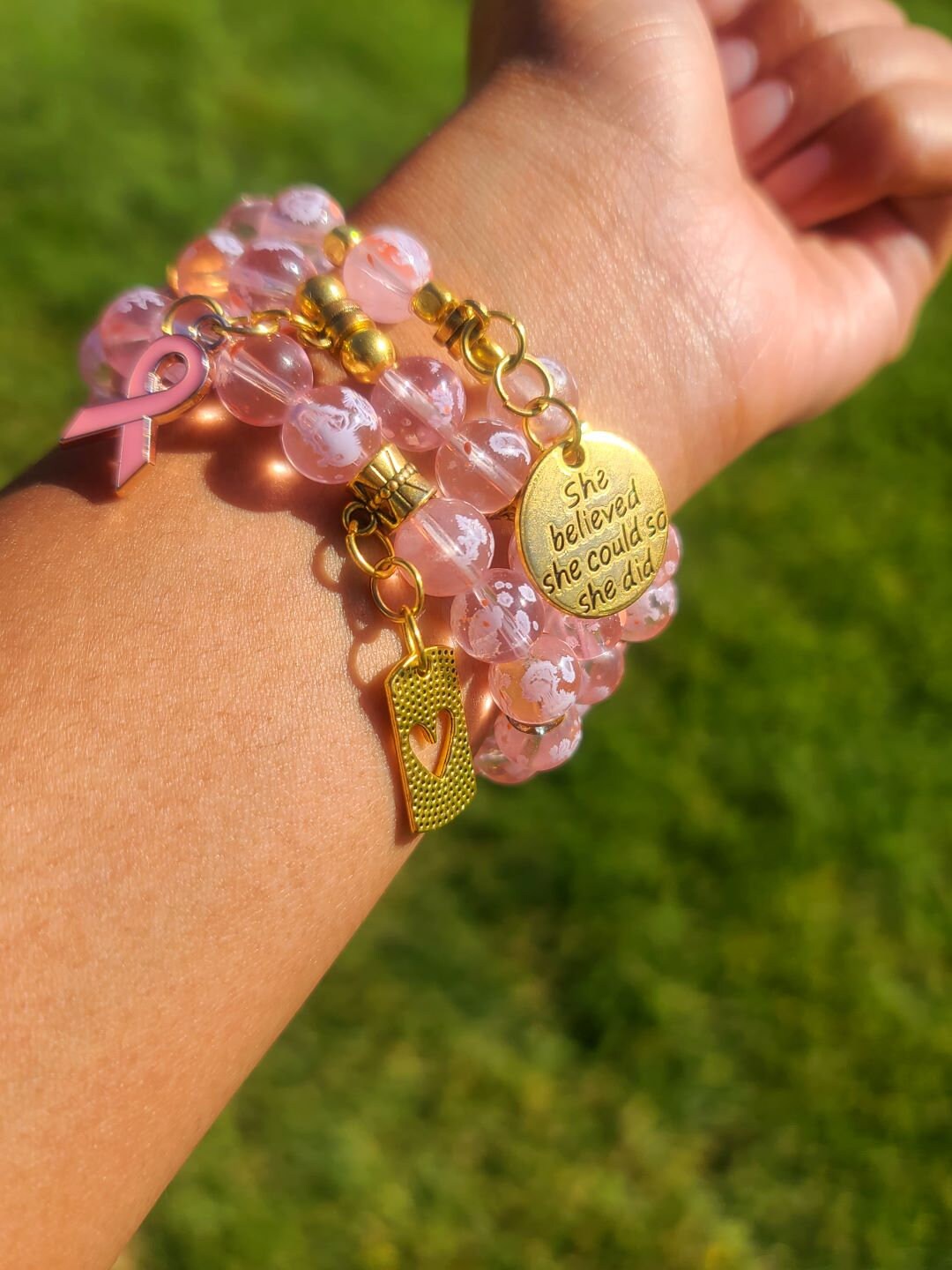 Beaded Bracelet Set Pink Snowflake Glass Beads Gold Breast Cancer Awareness & motivation Charms Gift For Her