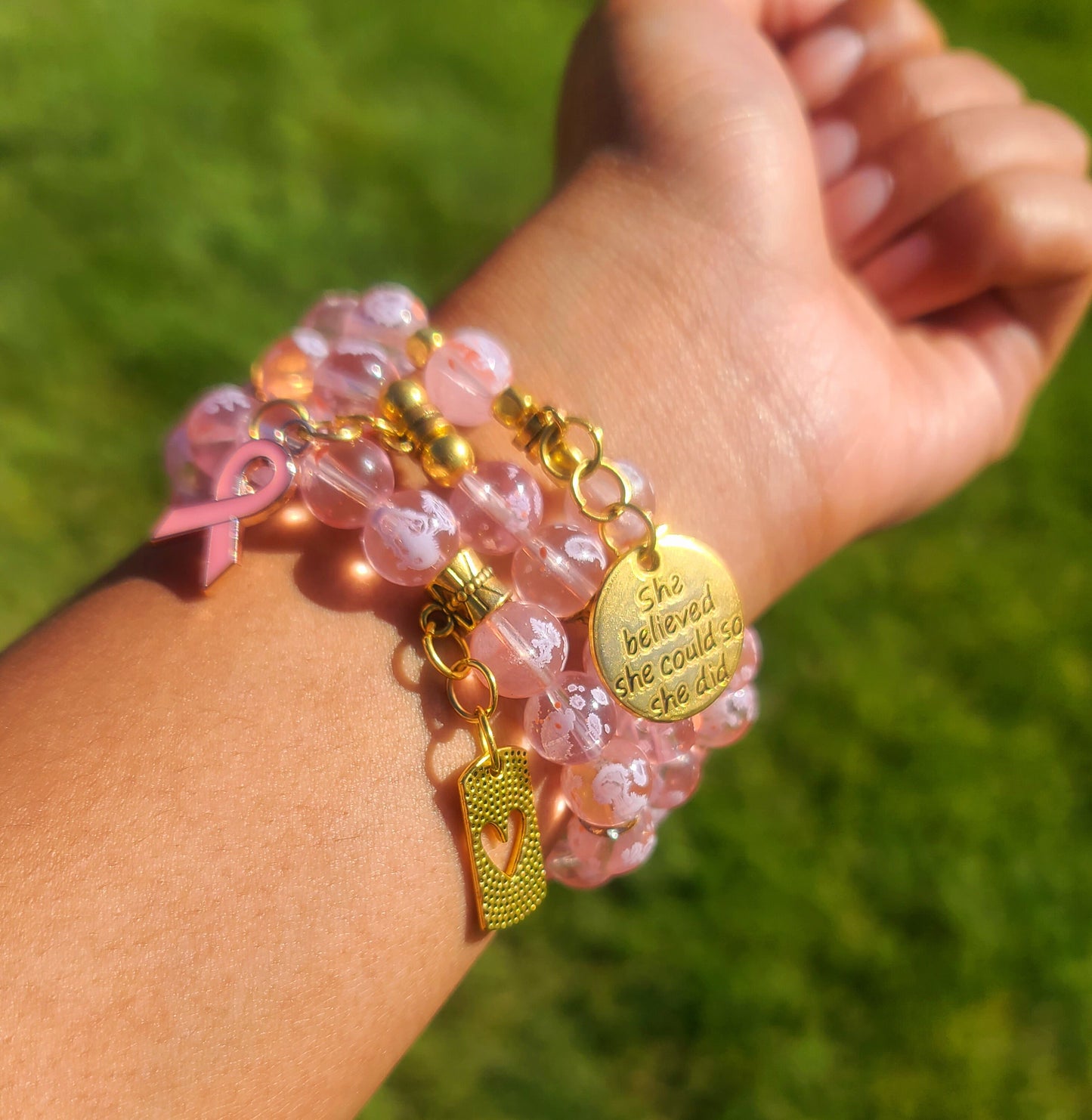 Beaded Bracelet Set Pink Snowflake Glass Beads Gold Breast Cancer Awareness & motivation Charms Gift For Her