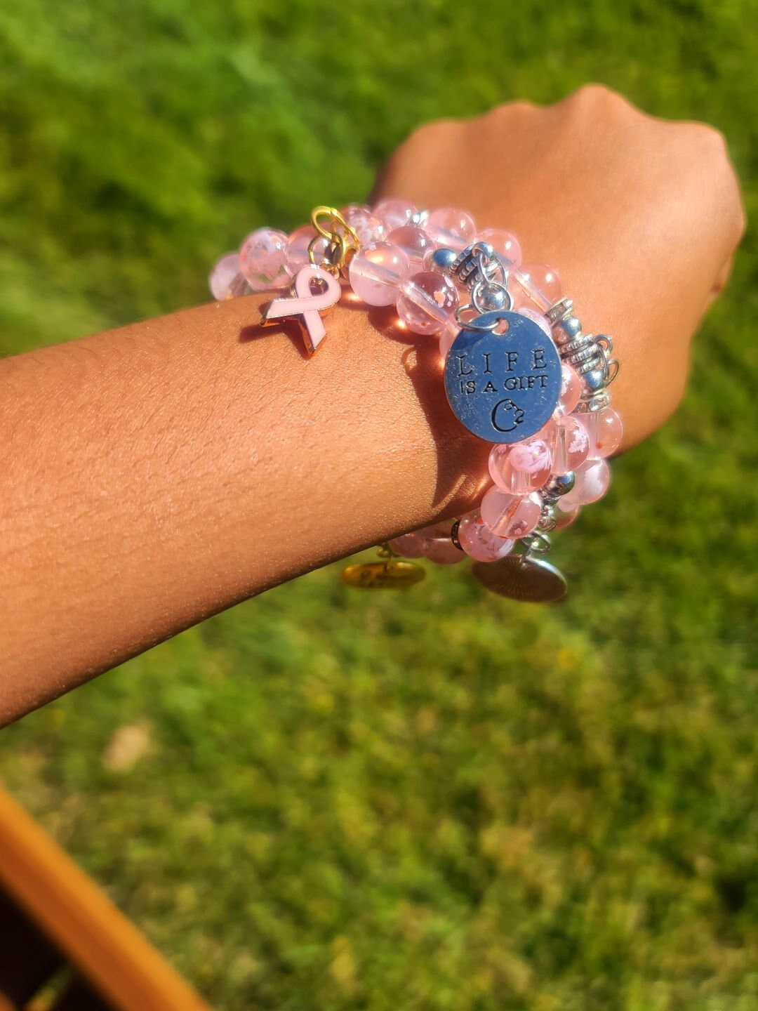 Beaded Bracelet Set Pink Snowflake Glass Beads Gold Silver Breast Cancer Awareness & Motivation Charms Gift For Her