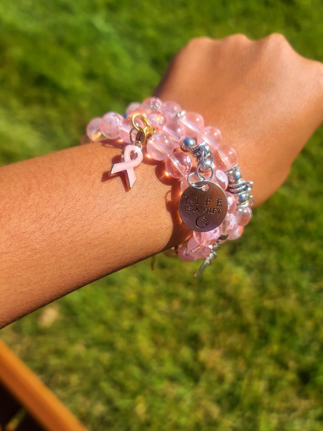 Beaded Bracelet Set Pink Snowflake Glass Beads Gold/Silver Breast Cancer Awareness & motivation Charms Gift For Her