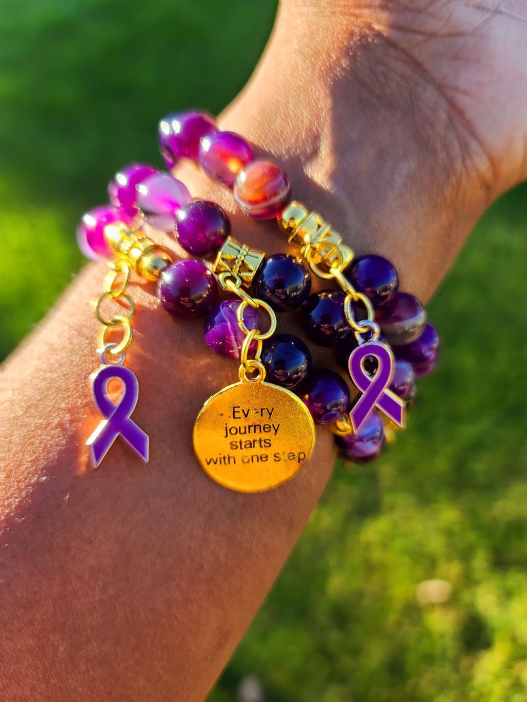 Beaded Bracelet Set Purple Banded Round Agate Beads with Gold Domestic Violence Awareness Motivational Charms
