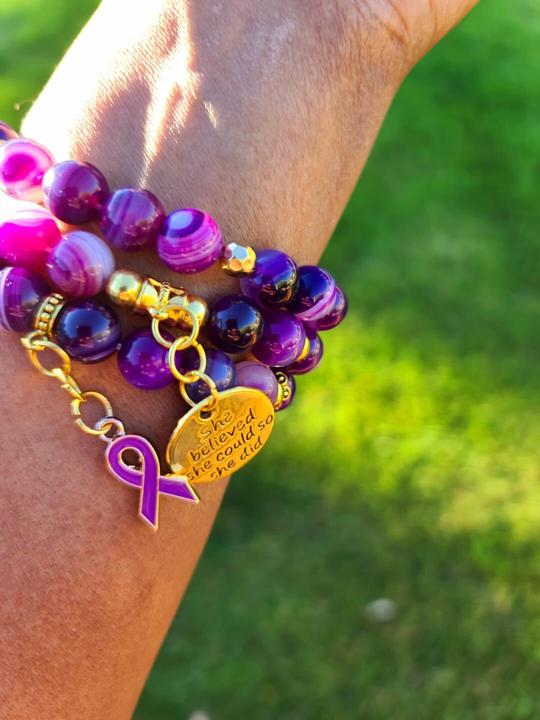 Beaded Bracelet Set Purple Banded Round Agate Beads with Gold Domestic Violence Awareness Motivational Charms
