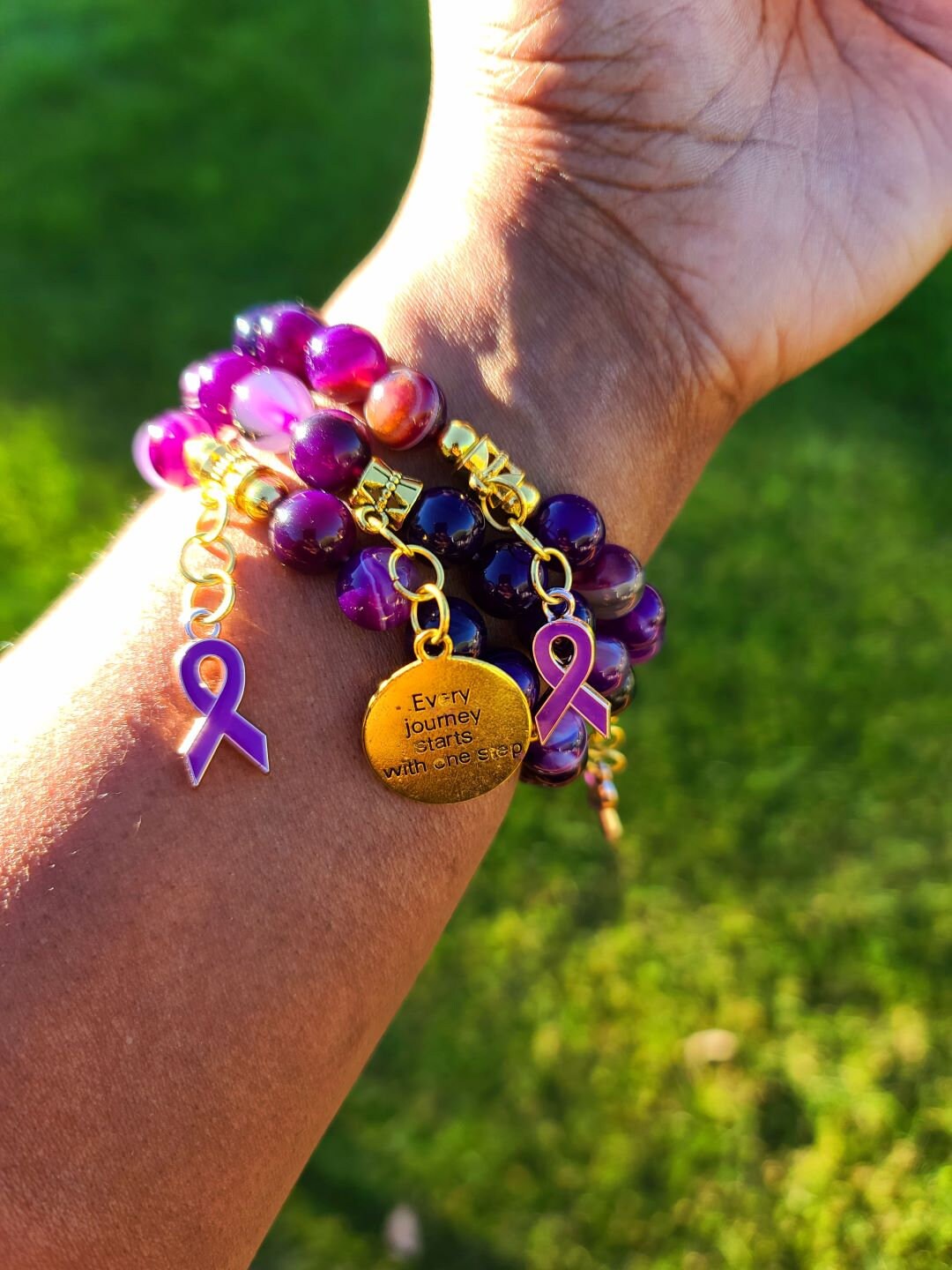 Beaded Bracelet Set Purple Banded Round Agate Beads with Gold Domestic Violence Awareness Motivational Charms