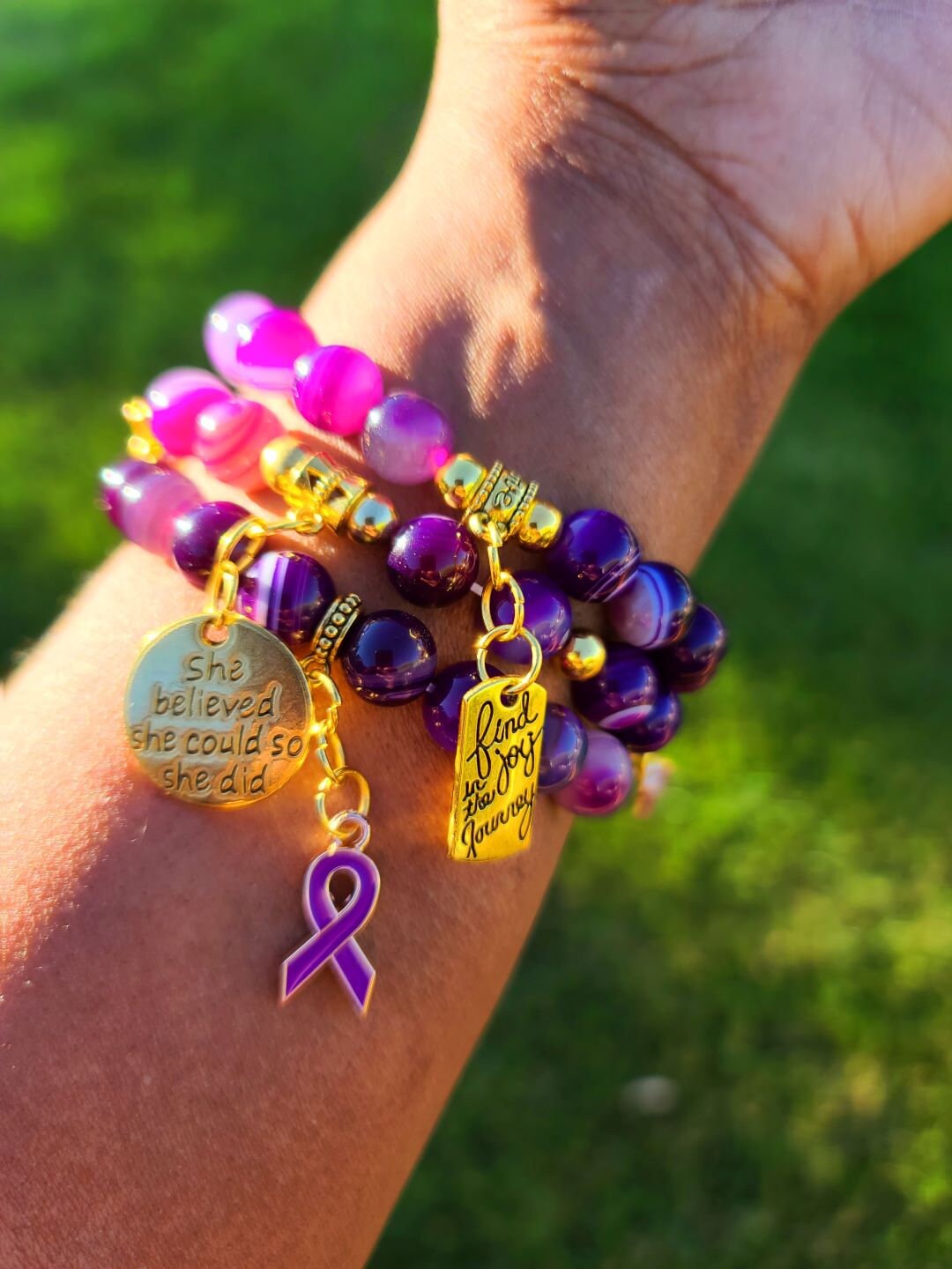Beaded Bracelet Set Purple Banded Round Agate Beads with Gold Domestic Violence Awareness Motivational Charms