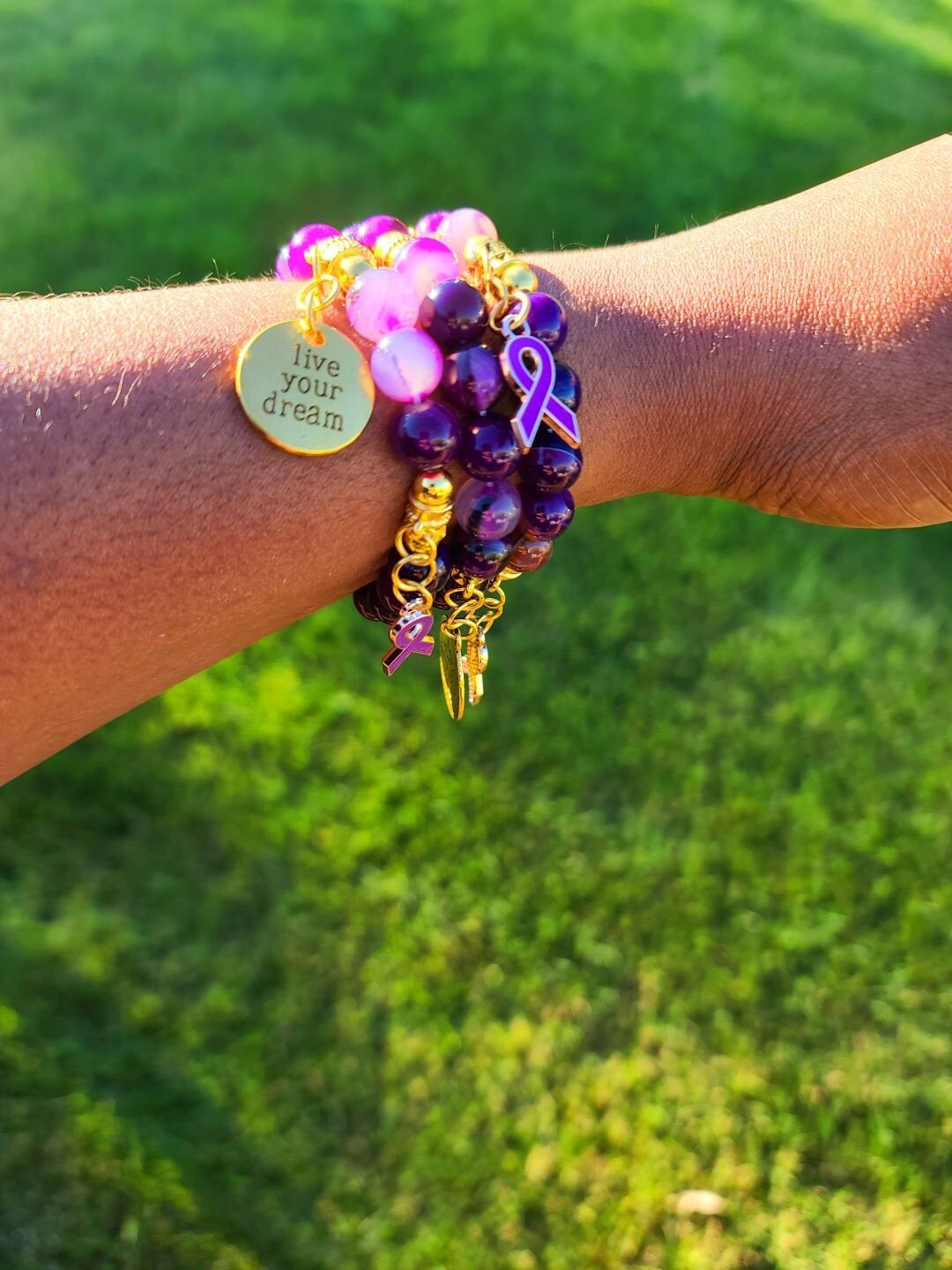 Beaded Bracelet Set Purple Banded Round Agate Beads with Gold Domestic Violence Awareness Motivational Charms