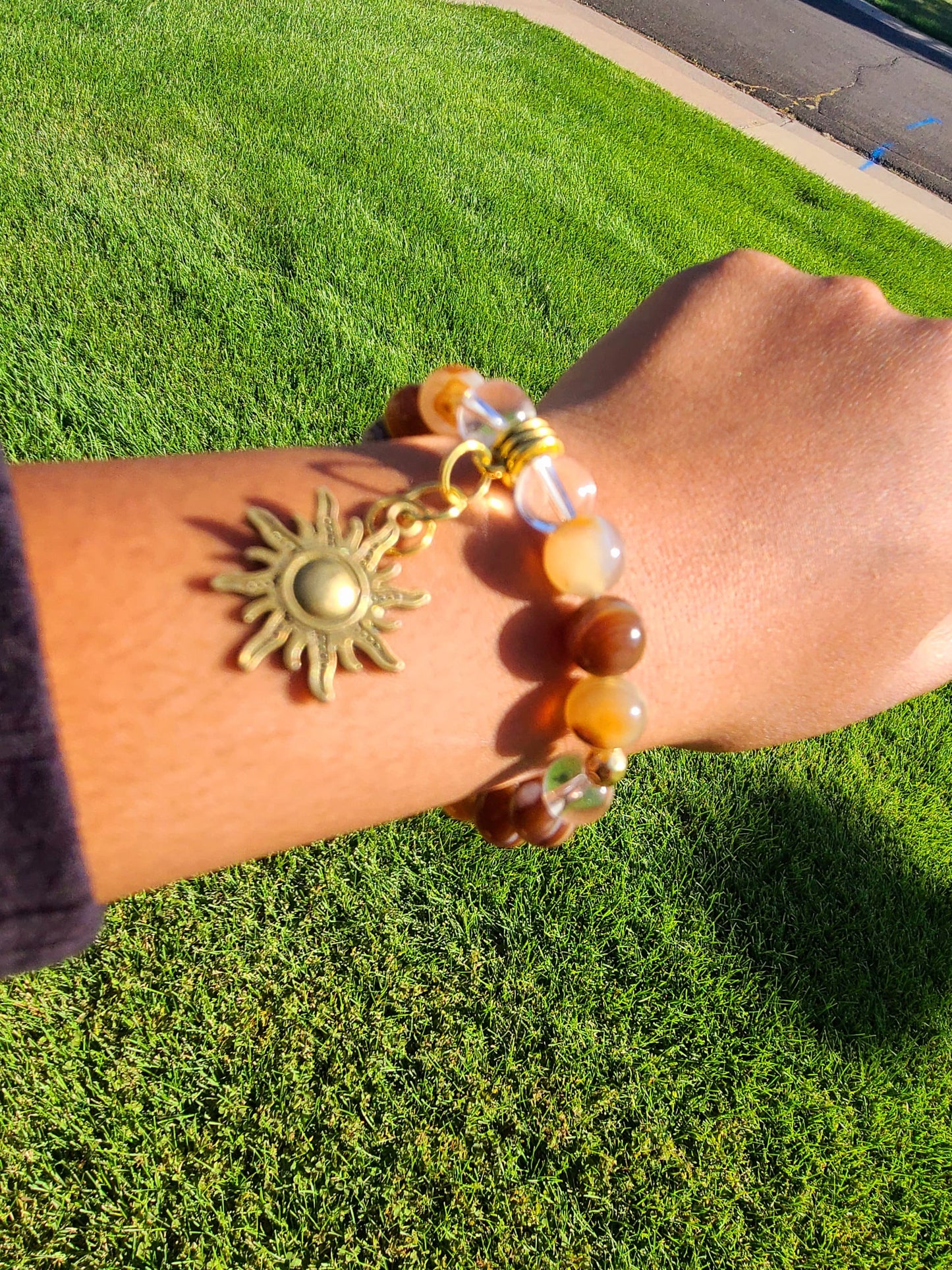 Beaded Bracelet Brown Round Banded Agate with Gold Music Note Gift For Her