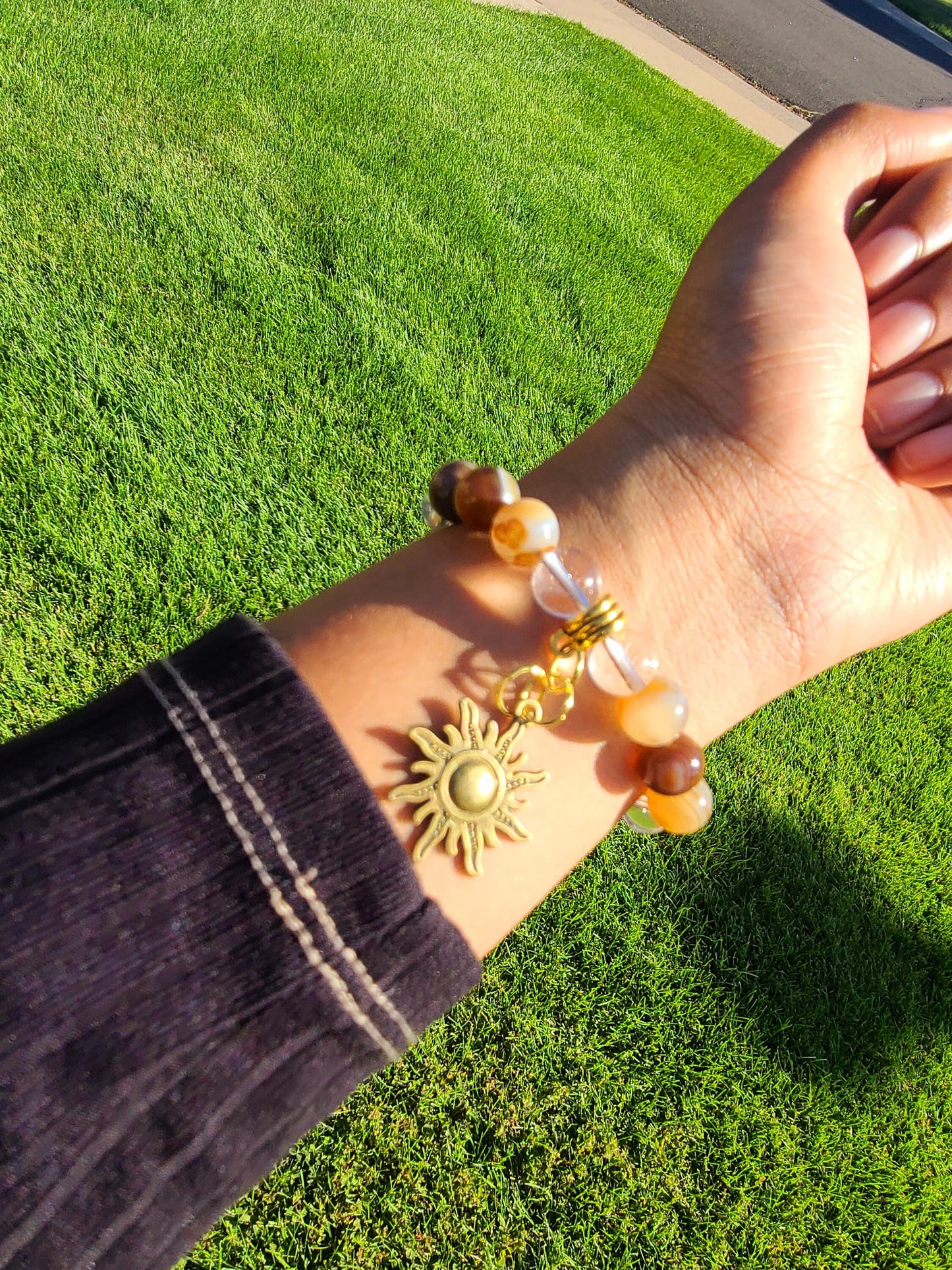 Beaded Bracelet Brown Round Banded Agate with Gold Music Note Gift For Her