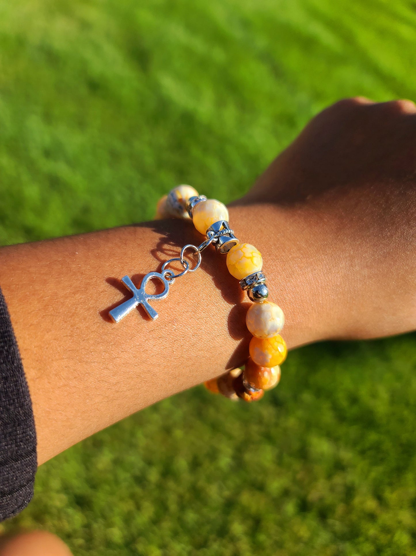 Beaded Bracelet Set Amber Round Banded Agate with Silver Ankh Gift For Her