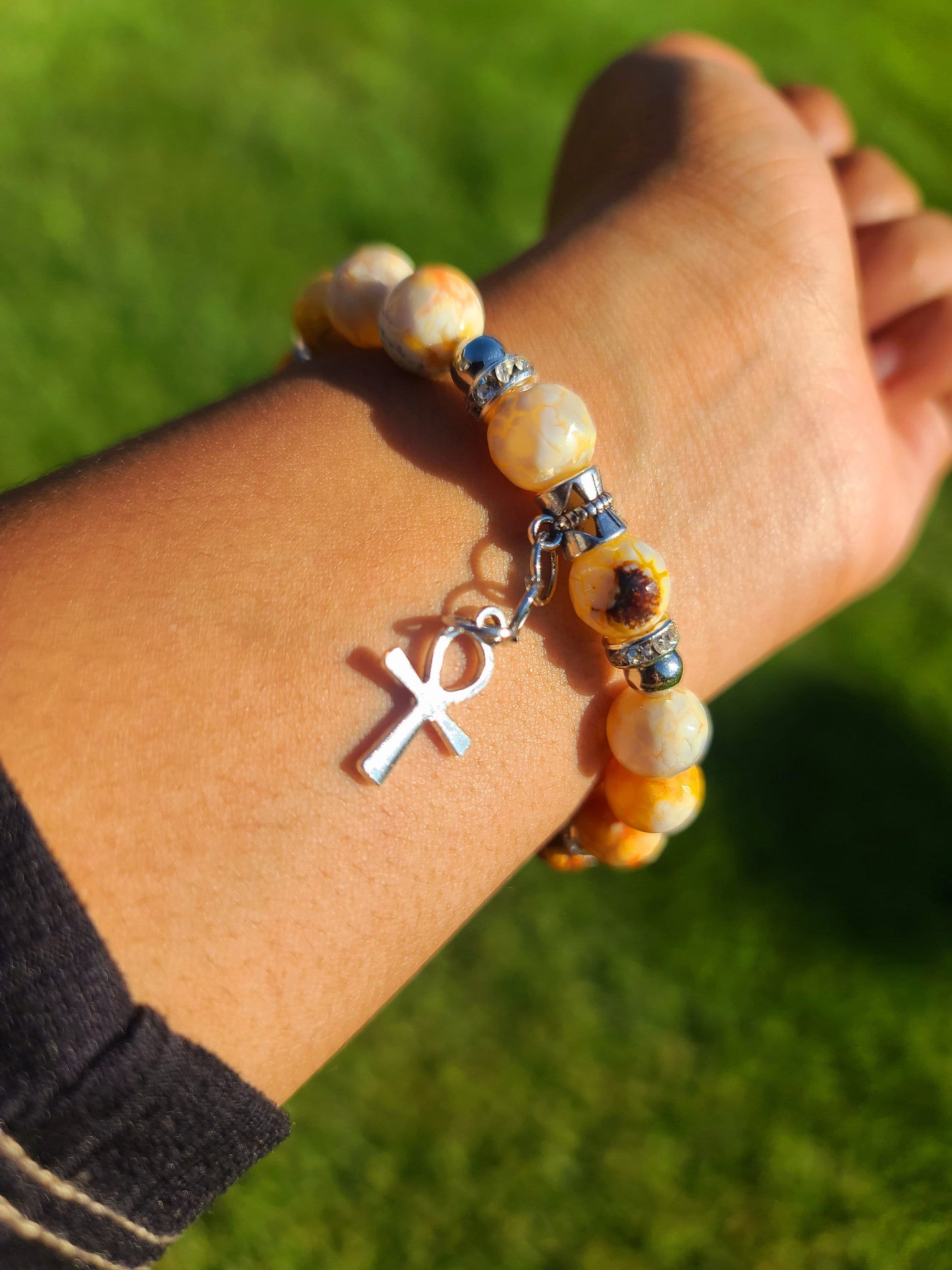 Beaded Bracelet Set Amber Round Banded Agate with Silver Ankh Gift For Her