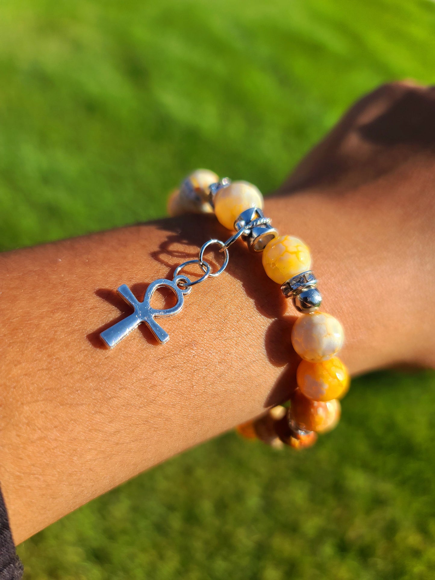 Beaded Bracelet Set Amber Round Banded Agate with Silver Ankh Gift For Her