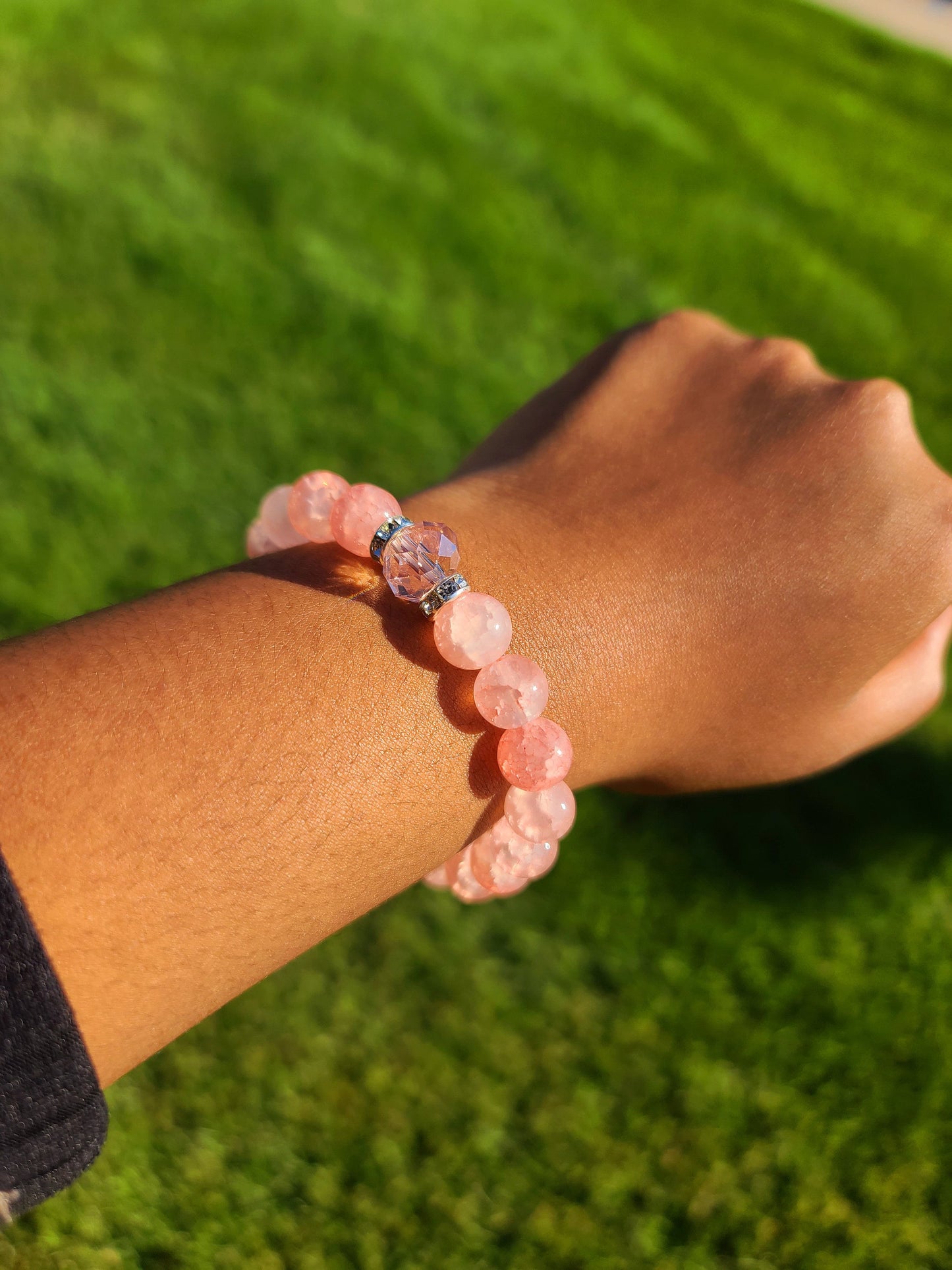 Beaded Bracelet Set Rose Quartz with Pink Glass Bead Gift For Her