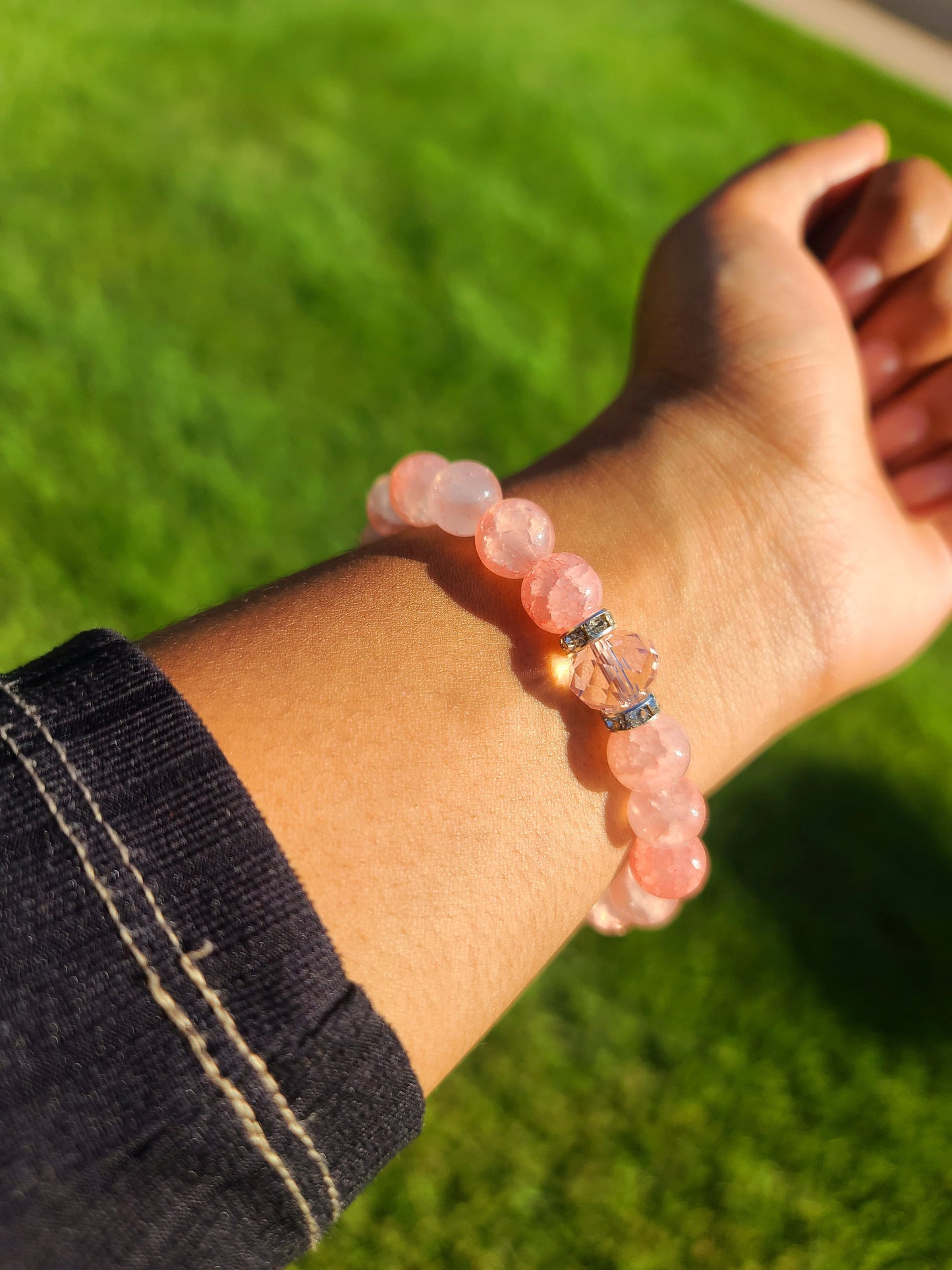 Beaded Bracelet Set Rose Quartz with Pink Glass Bead Gift For Her