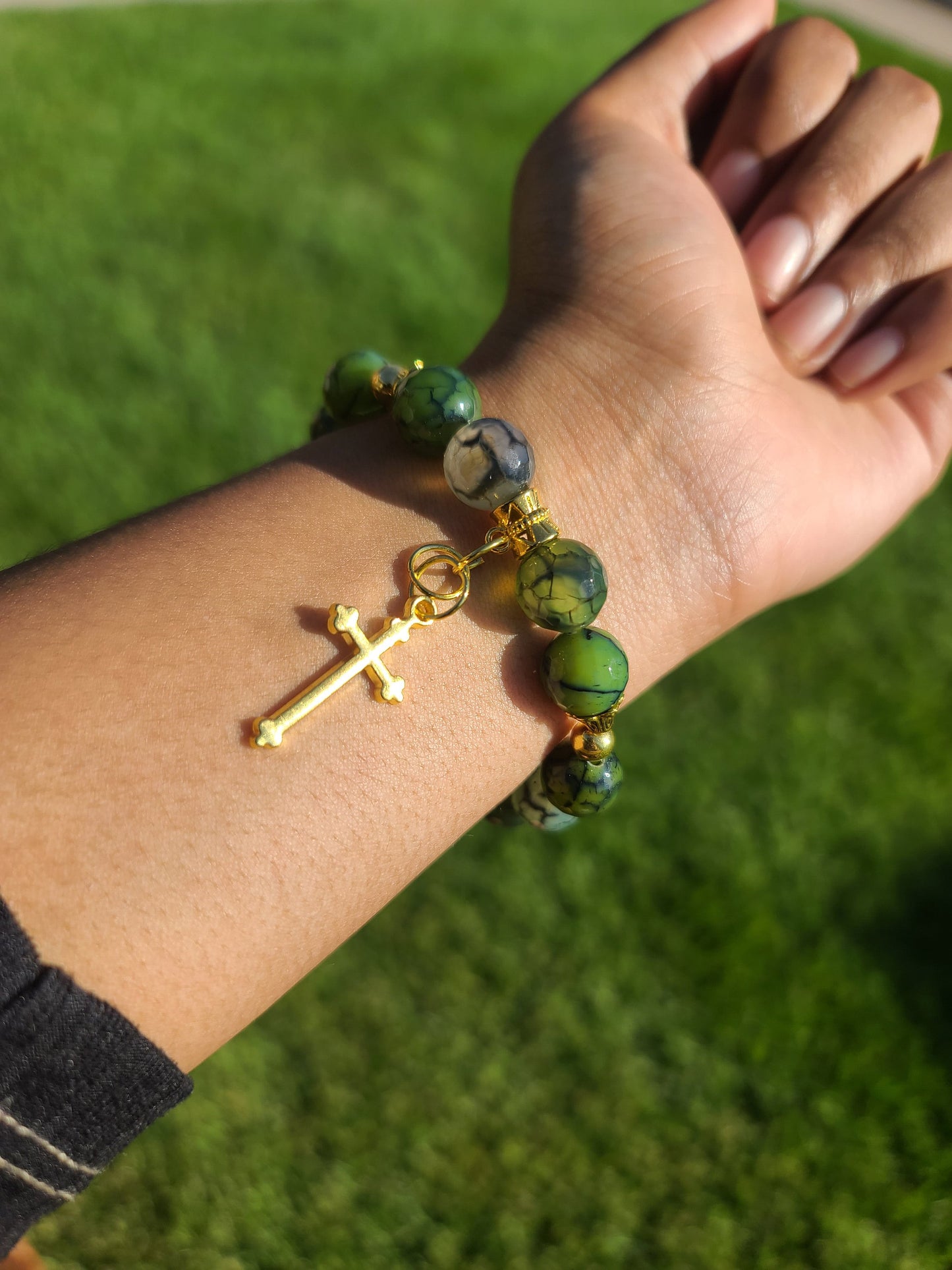 Beaded Bracelet Green Dragon Vein Faceted Agate Gold Cross Charm Gift For Her