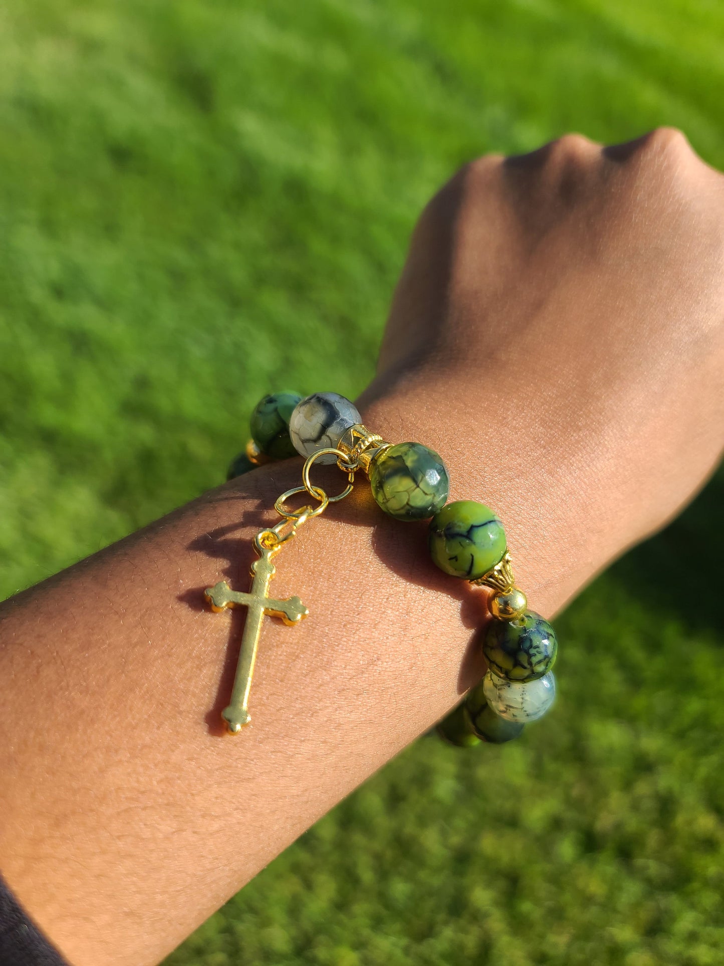 Beaded Bracelet Green Dragon Vein Faceted Agate Gold Cross Charm Gift For Her