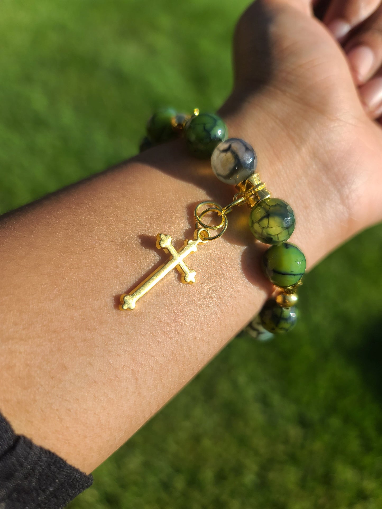 Beaded Bracelet Green Dragon Vein Faceted Agate Gold Cross Charm Gift For Her