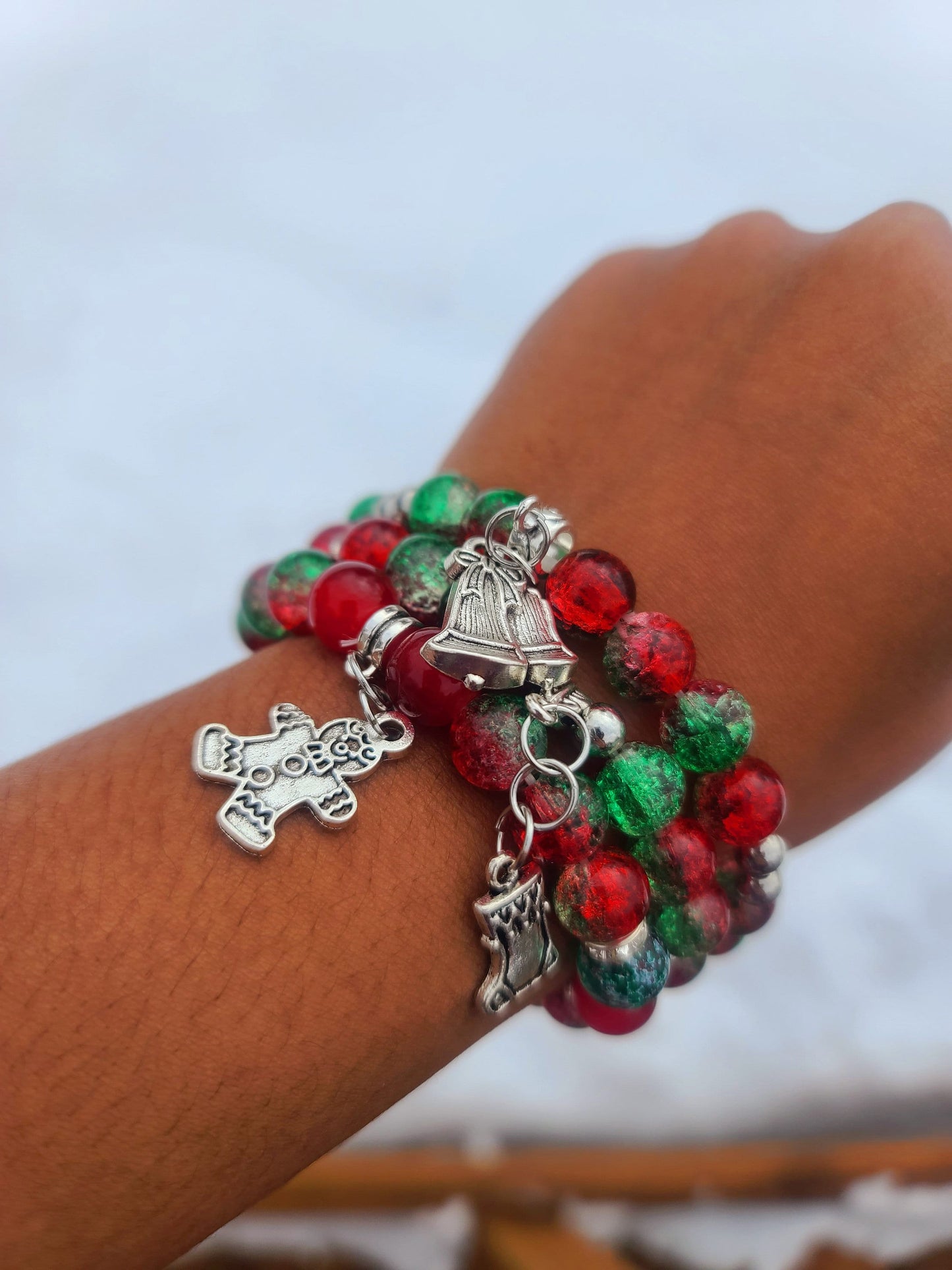 Beaded Bracelet Set Christmas Green and Red Round Glass Beads Silver Christmas Charms Gift For Her