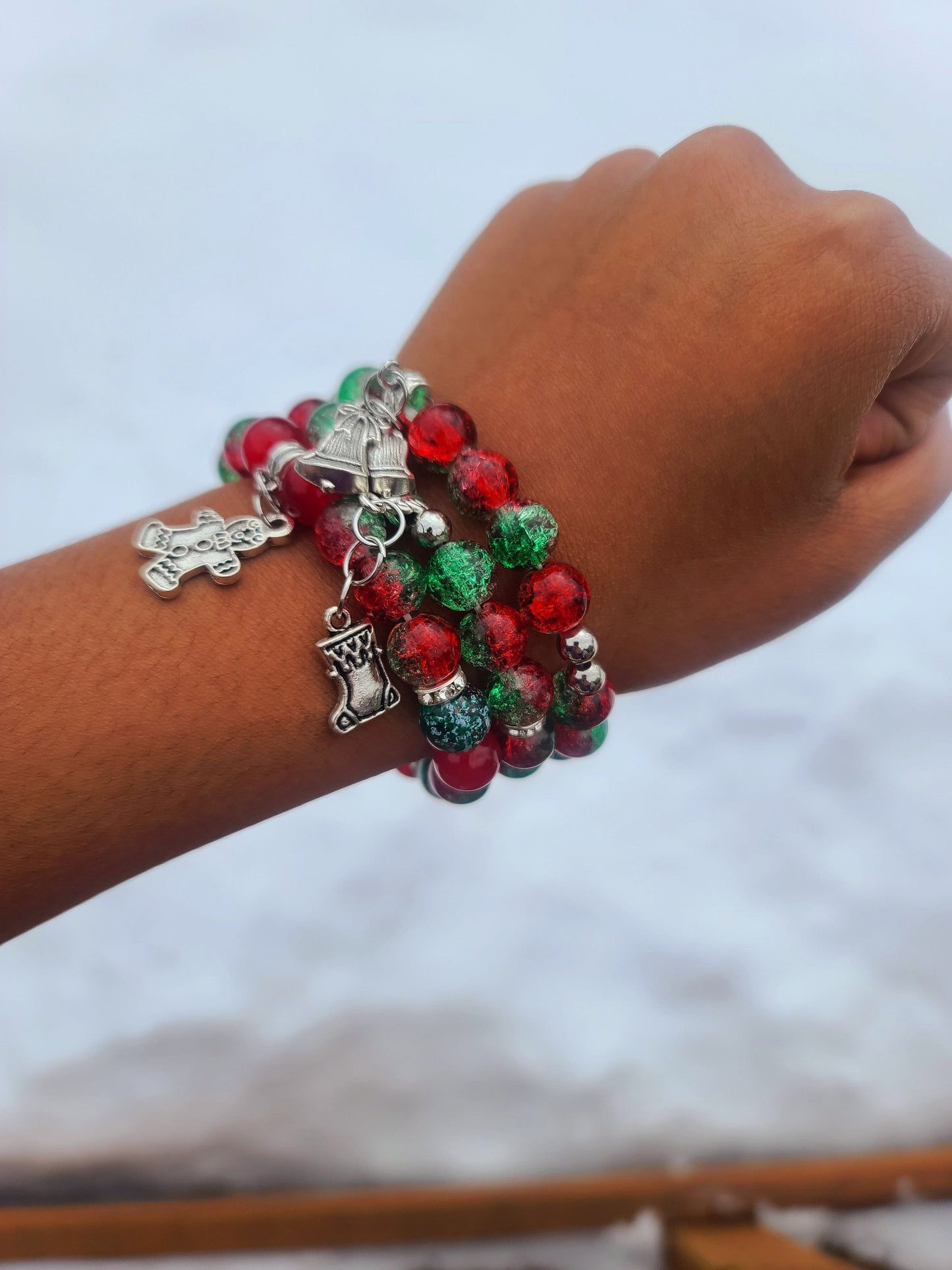 Beaded Bracelet Set Christmas Green and Red Round Glass Beads Silver Christmas Charms Gift For Her