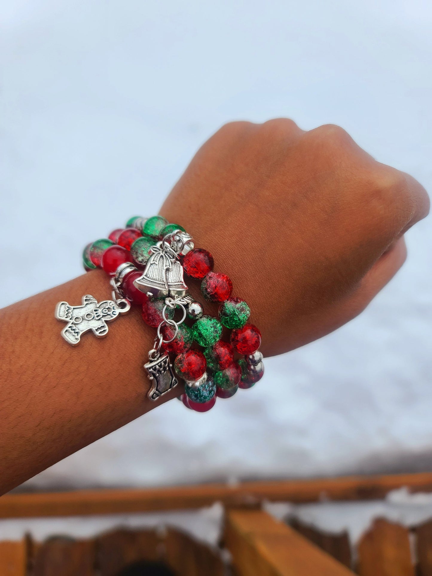 Beaded Bracelet Set Christmas Green and Red Round Glass Beads Silver Christmas Charms Gift For Her