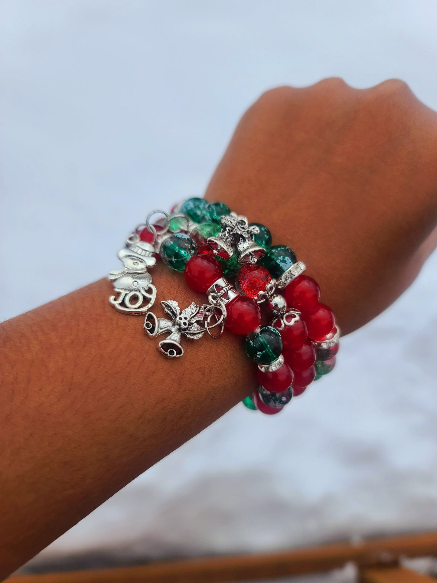 Beaded Bracelet Set Christmas Green and Red Round Glass Beads Silver Christmas Charms Gift For Her