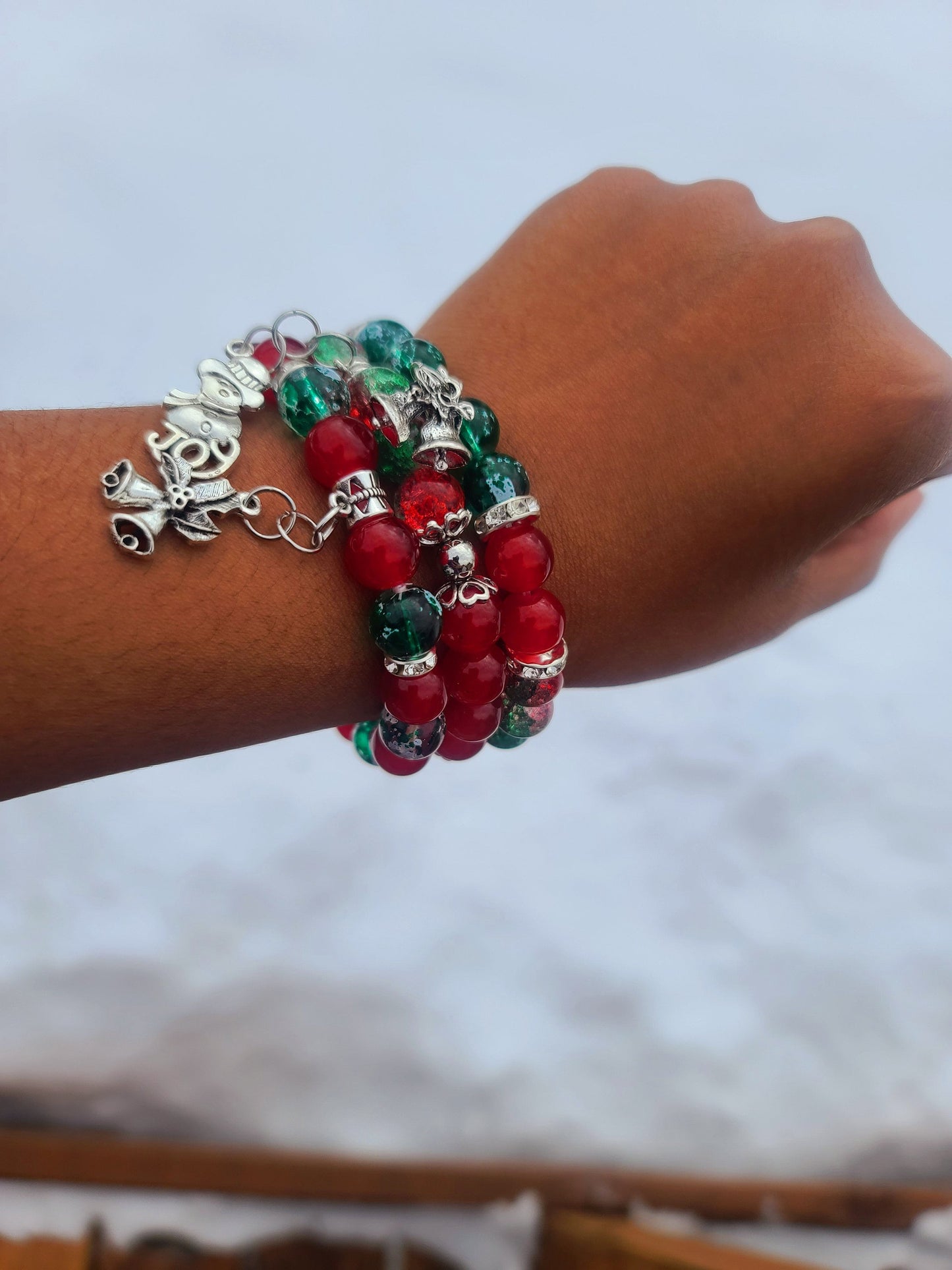 Beaded Bracelet Set Christmas Green and Red Round Glass Beads Silver Christmas Charms Gift For Her