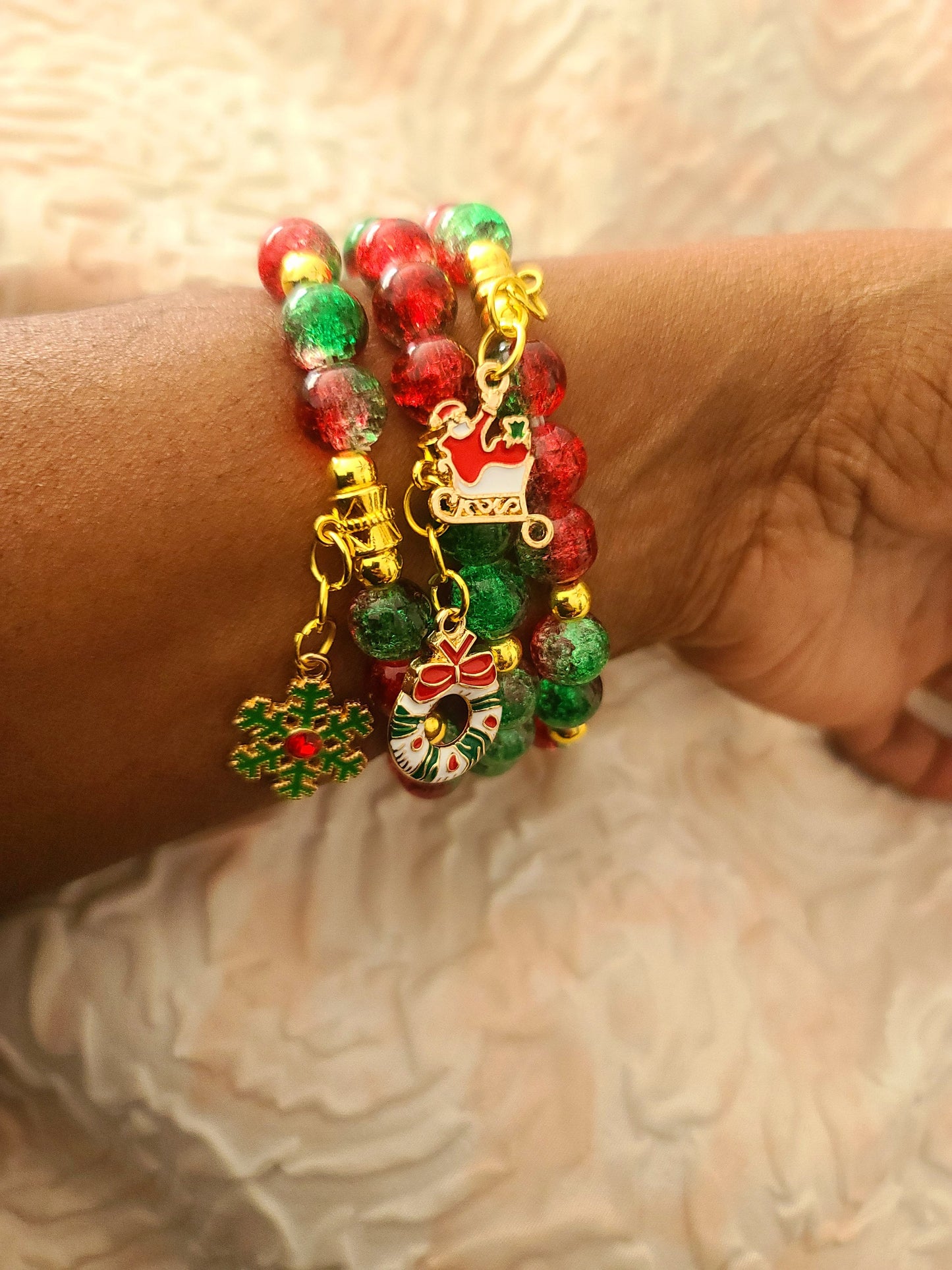 Beaded Bracelet Set Christmas Green and Red Round Glass Beads Gold Christmas Charms Gift For Her