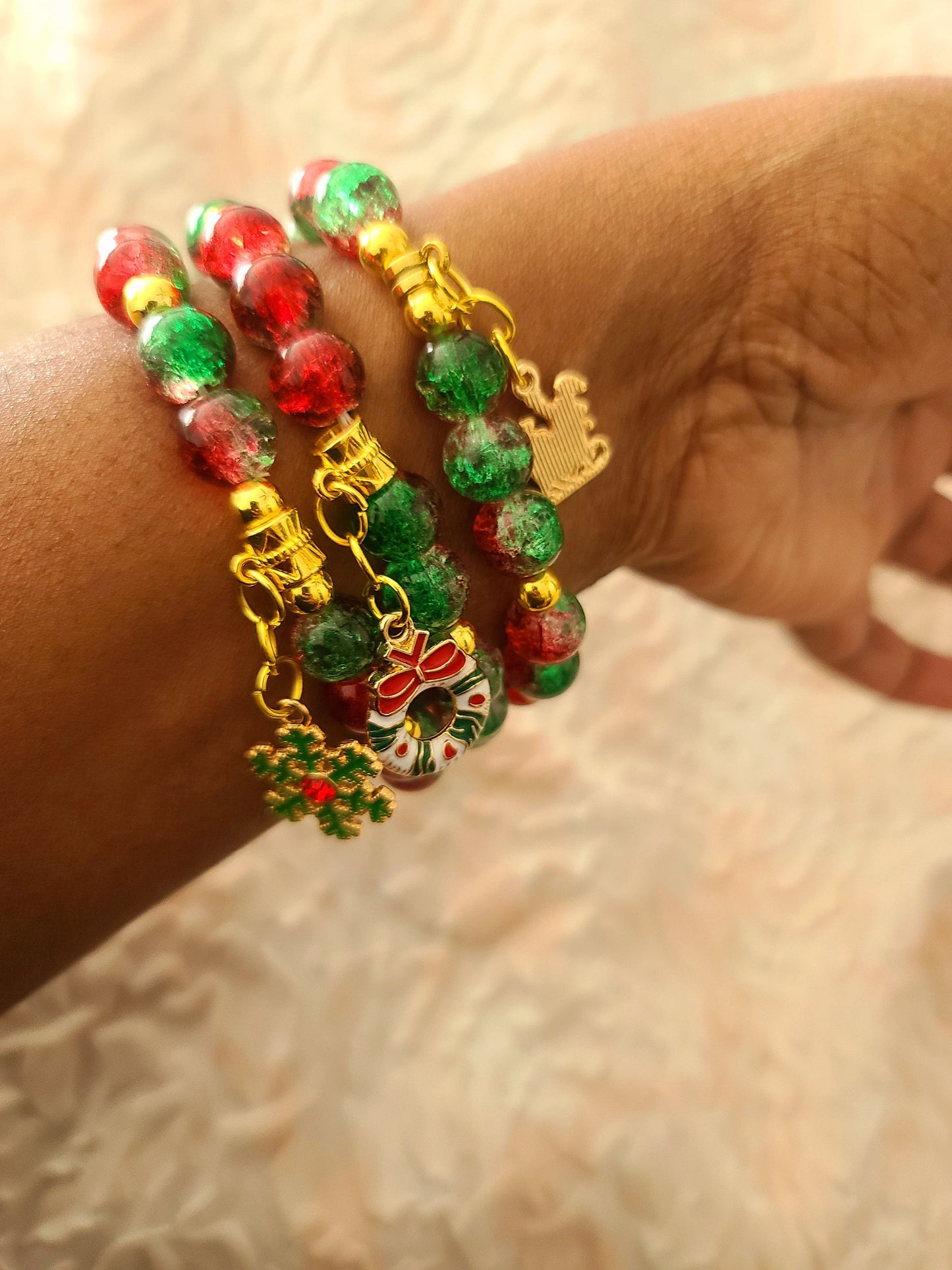 Beaded Bracelet Set Christmas Green and Red Round Glass Beads Gold Christmas Charms Gift For Her