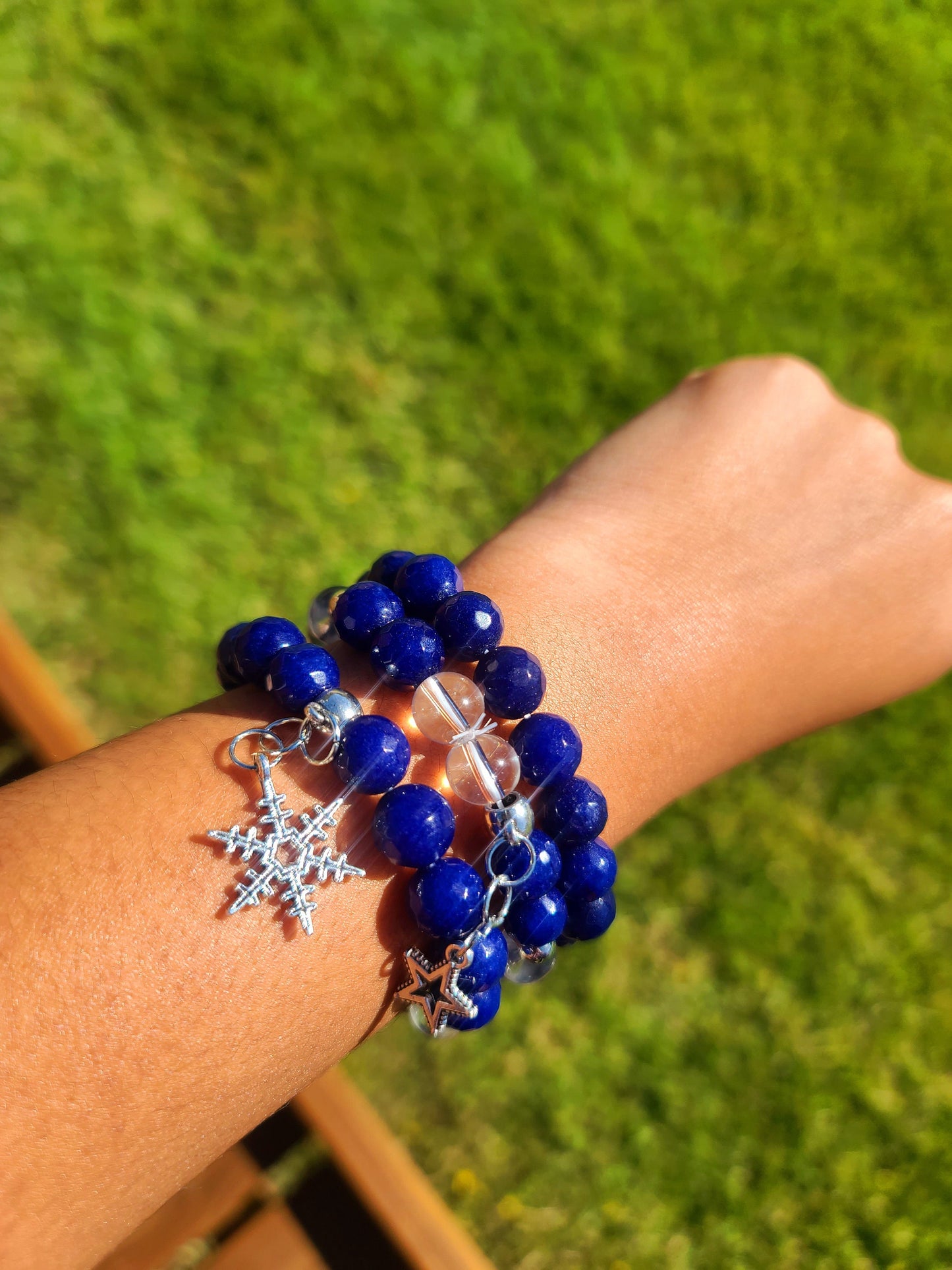 Beaded Bracelet Set Blue Banded Round Agate Clear Quartz Beads Silver Snowflakes Gift For Her
