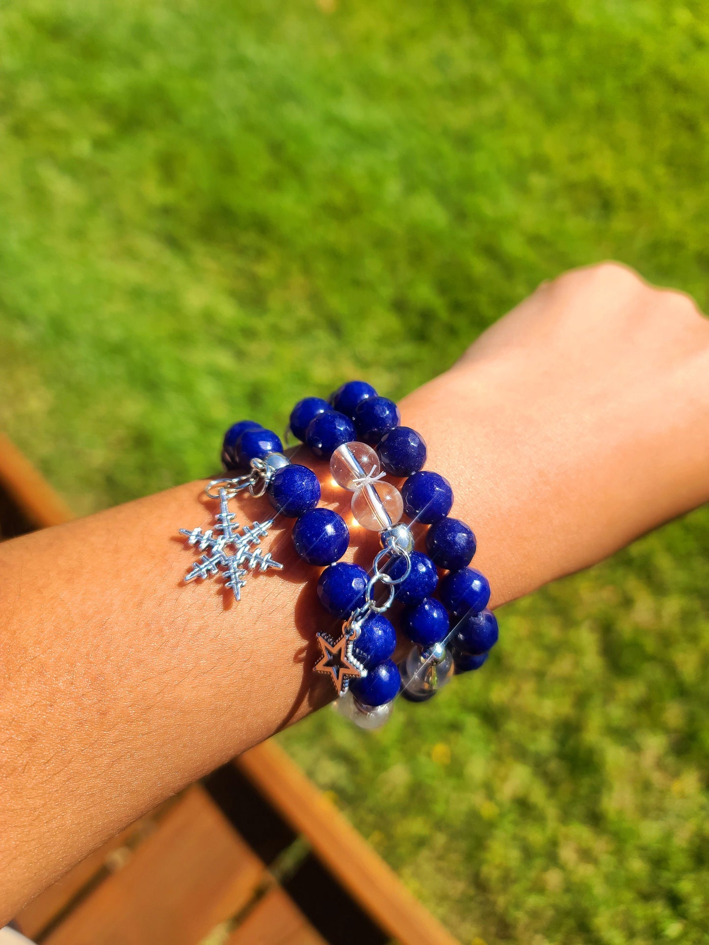 Beaded Bracelet Set Blue Banded Round Agate Clear Quartz Beads Silver Snowflakes Gift For Her