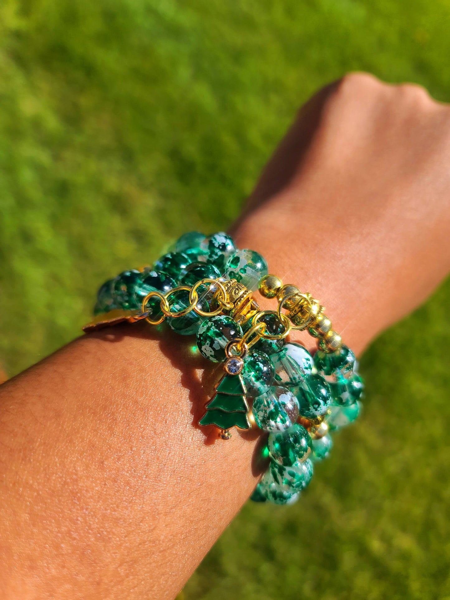 Beaded Bracelet Set Dark Green Glass Beads Green Christmas Tree Charms Gift For Her