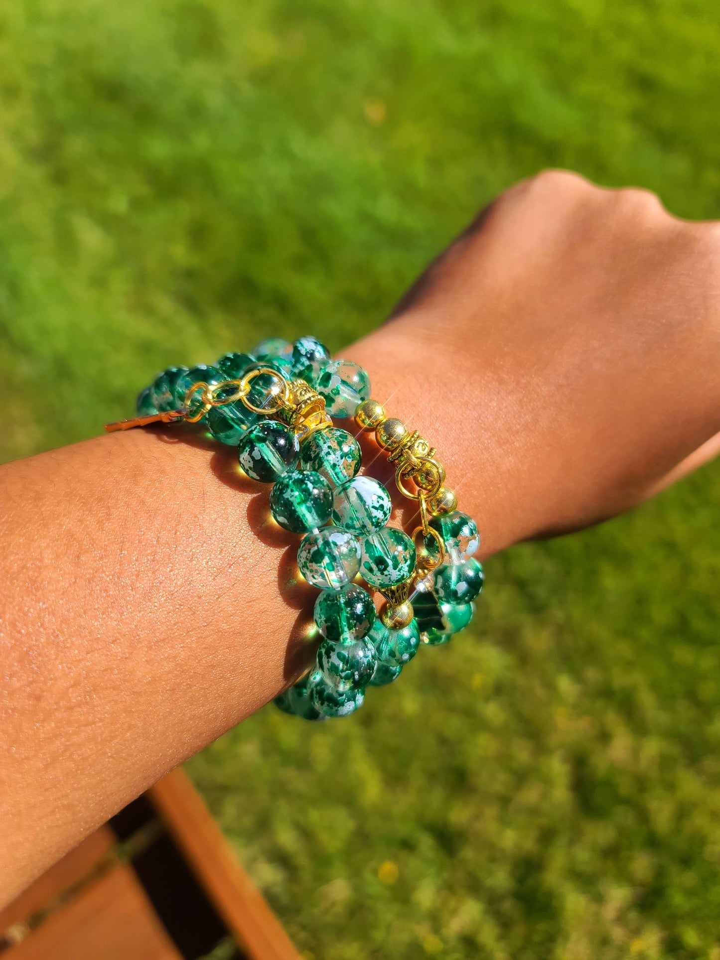 Beaded Bracelet Set Dark Green Glass Beads Green Christmas Tree Charms Gift For Her