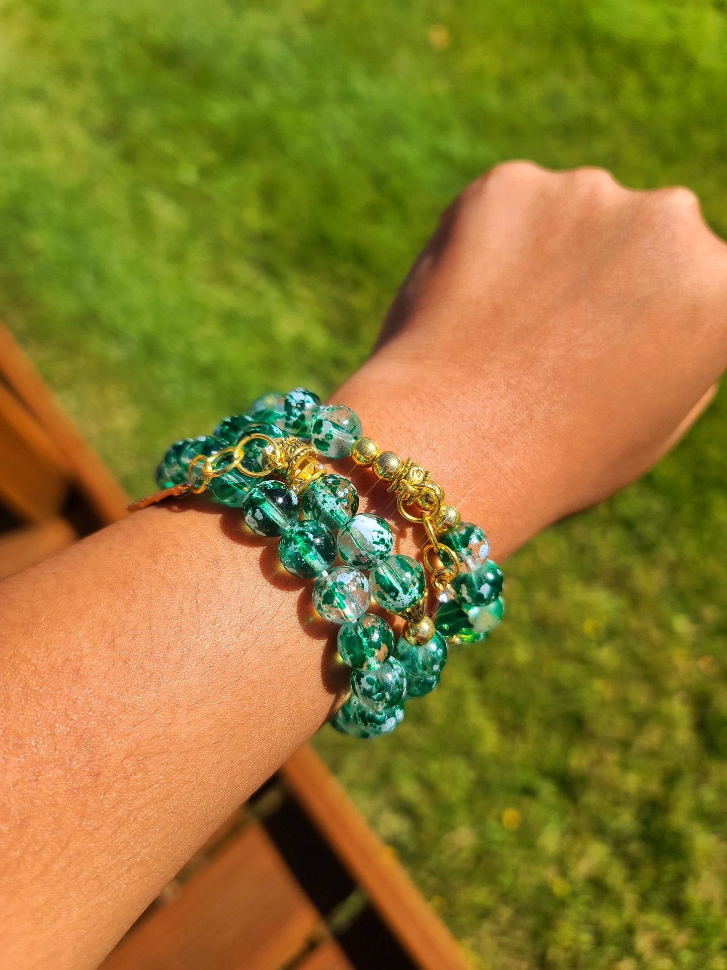 Beaded Bracelet Set Dark Green Glass Beads Green Christmas Tree Charms Gift For Her