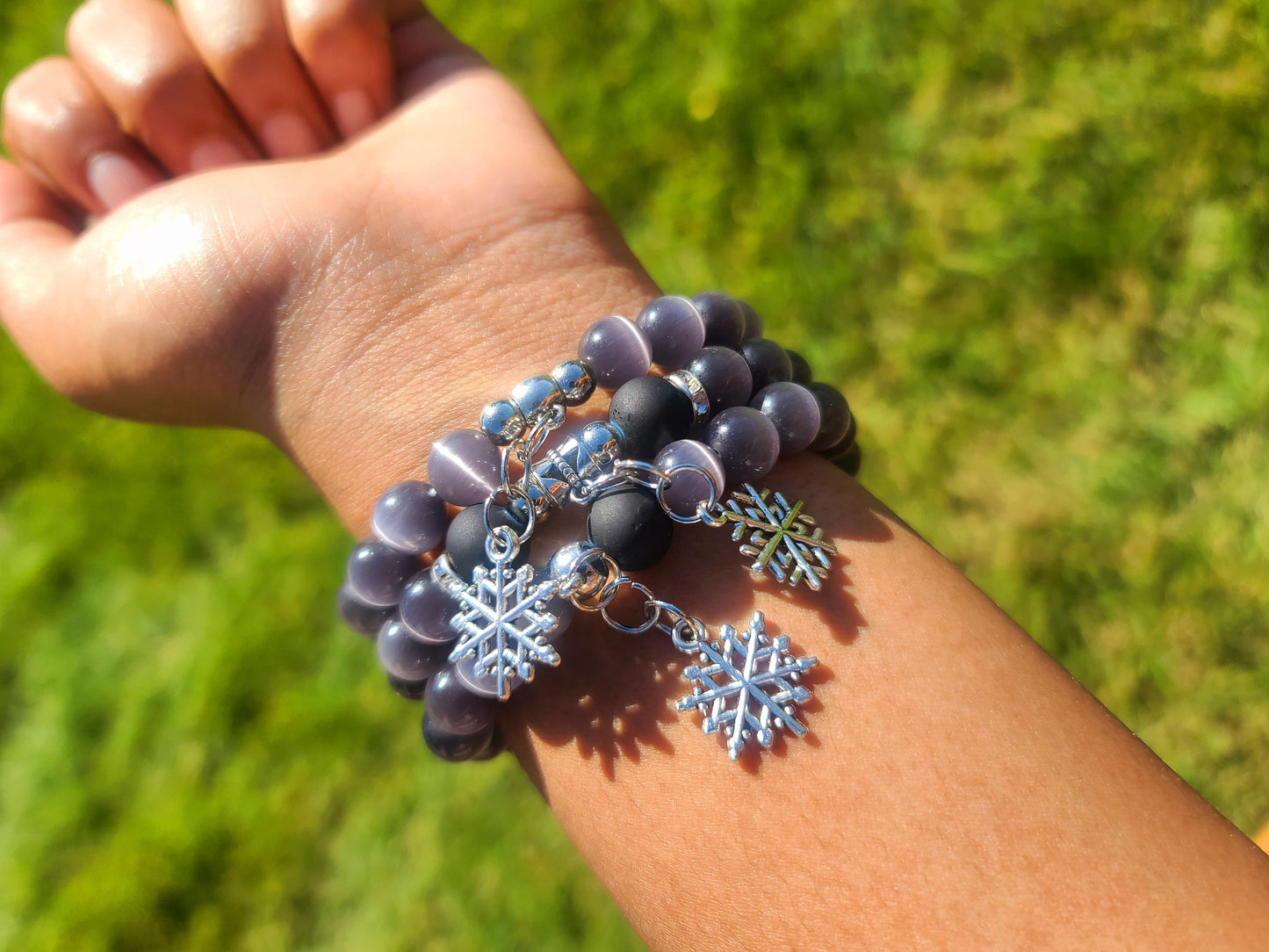 Beaded Bracelet Set Dark Grey Cat-Eye Silver Snowflake Charms Gift For Her