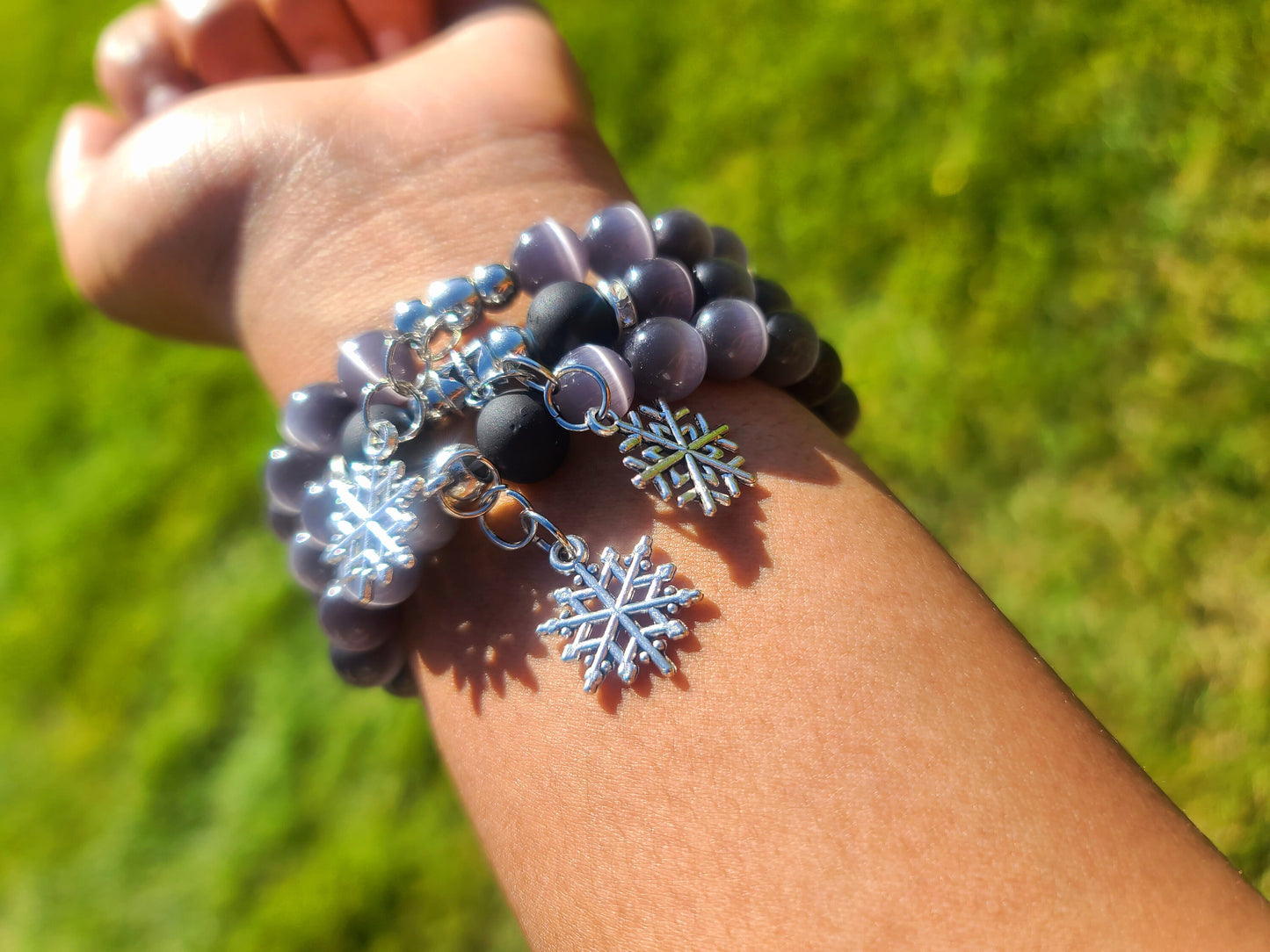 Beaded Bracelet Set Dark Grey Cat-Eye Silver Snowflake Charms Gift For Her