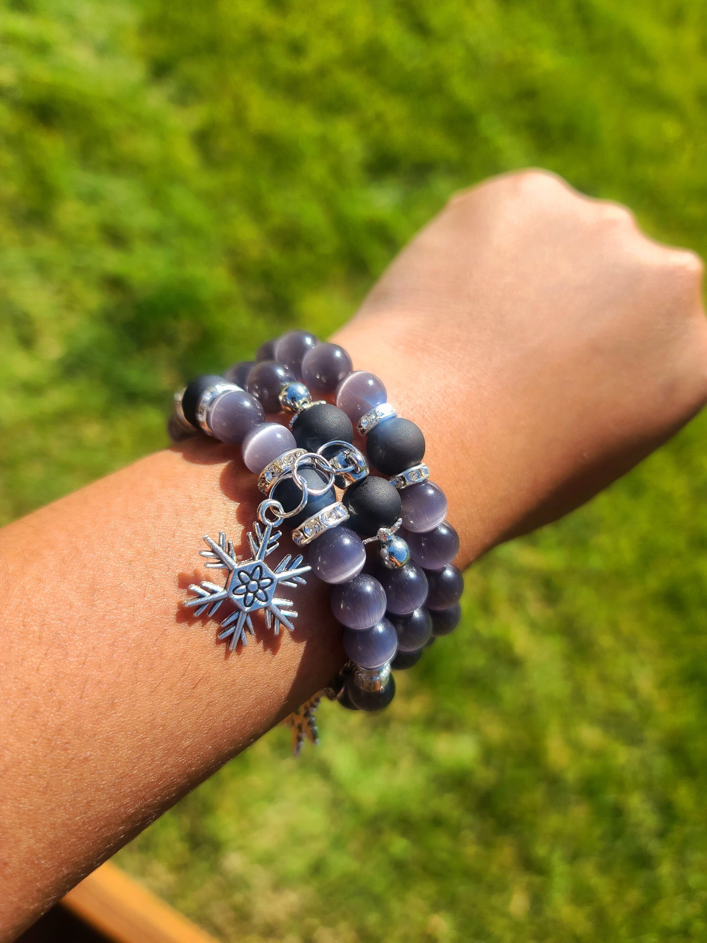 Beaded Bracelet Set Dark Grey Cat-Eye Silver Snowflake Charms Gift For Her