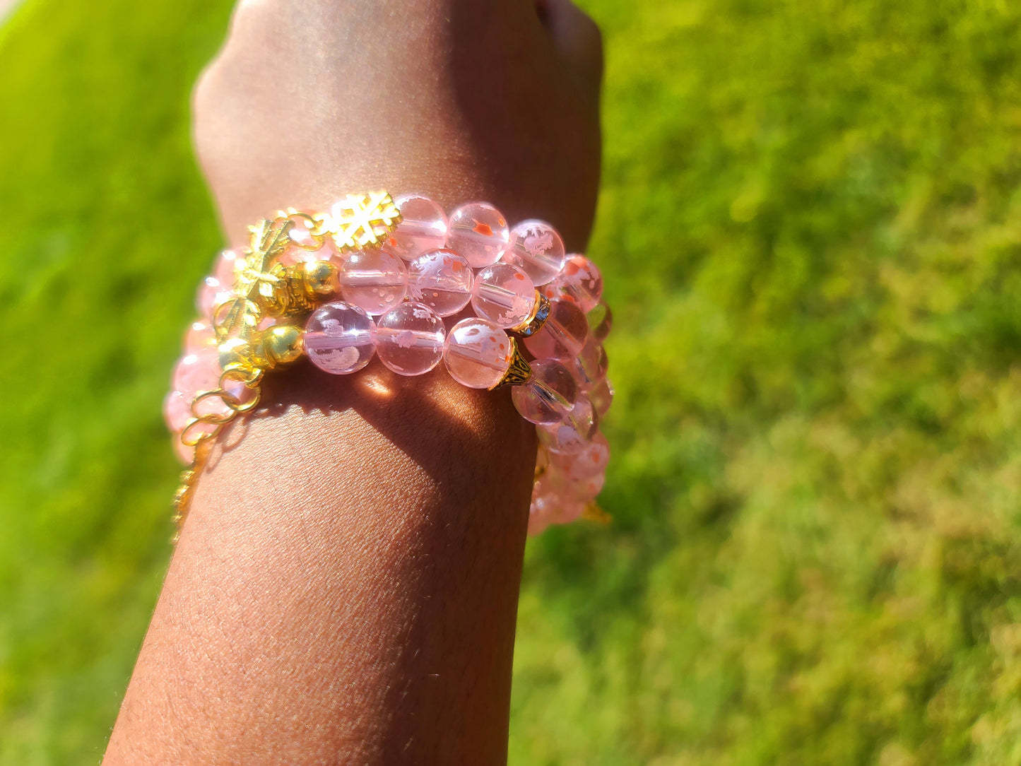 Beaded Bracelet Set Pink Snowflake Glass Beads Silver Snowflake Charms Gift For Her