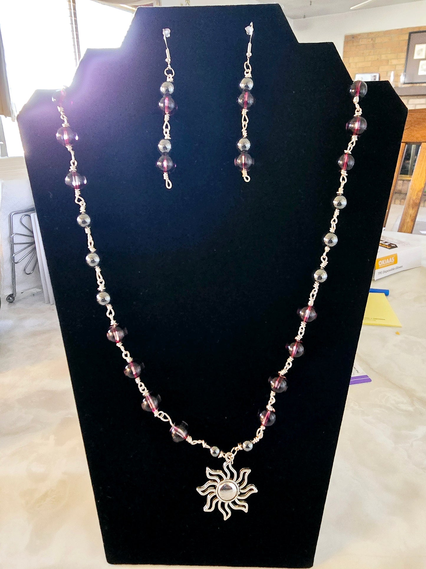Beaded Earrings + Necklace Set Dark Purple Cat-Eye Silver Sun Charm Fashion Accessory Gift For Her