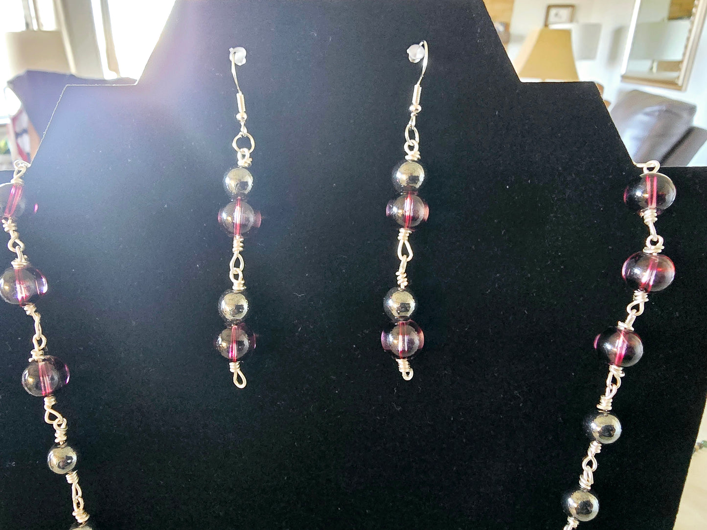 Beaded Earrings + Necklace Set Dark Purple Cat-Eye Silver Sun Charm Fashion Accessory Gift For Her