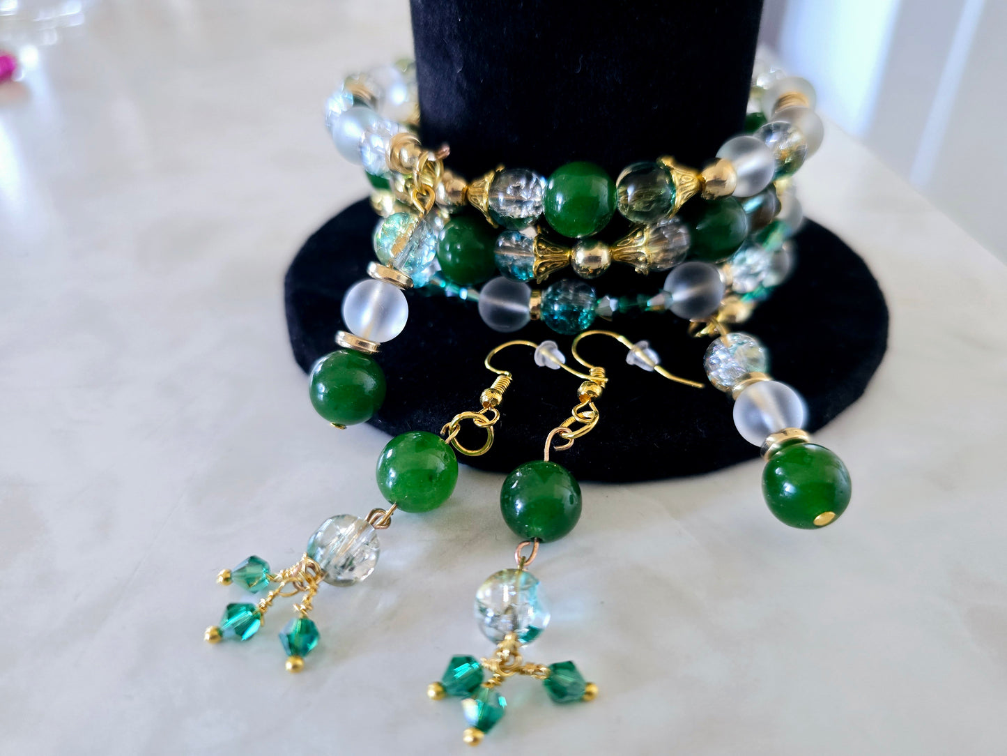 Beaded Memory Wire Bracelet + Earring Set Hunter Green Clear Green and Gold Crackle Beads Gold Spacers One-Of-A-Kind Jewelry For Her