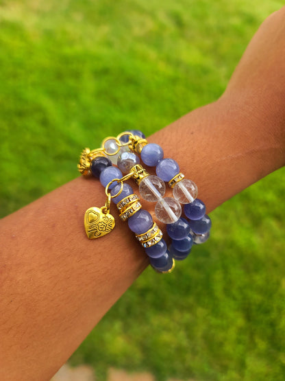 Beaded Bracelet Purple Cat-Eye Clear Quartz Fashion Accessory Gold Charms Elegant One-Of-A-Kind