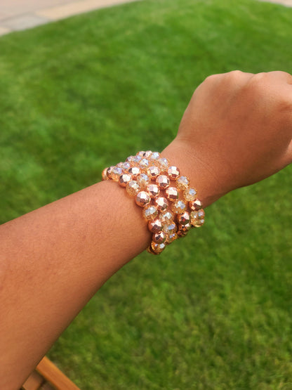 Beaded Bracelet Set Rose Gold Faceted Champagne Plated Glass Sparkling Handcrafted Statement Piece Fashion Accessory One Of A Kind