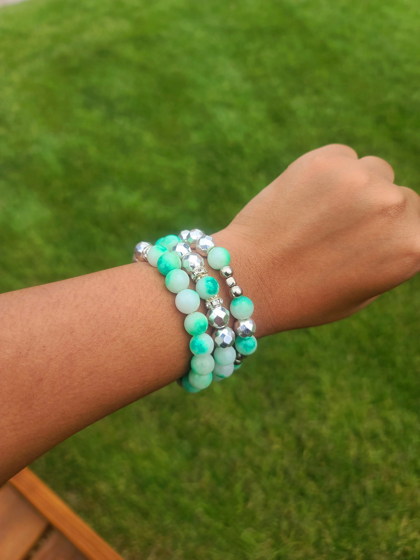 Beaded Bracelet Set Mint Green Jade Hematite Gemstone Handcrafted Fashion Accessory One Of A Kind