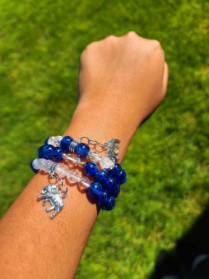 Beaded Bracelet Set Blue Clear Glass  Silver Charms For Her Gift