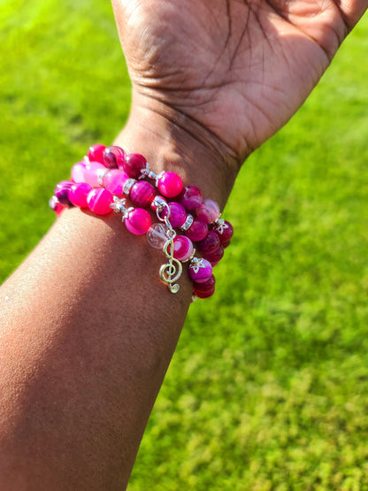Beaded Bracelet Set Rose Pink Agate with Silver Music Charm Fashion Accessory One-Of-A-Kind Statement Piece