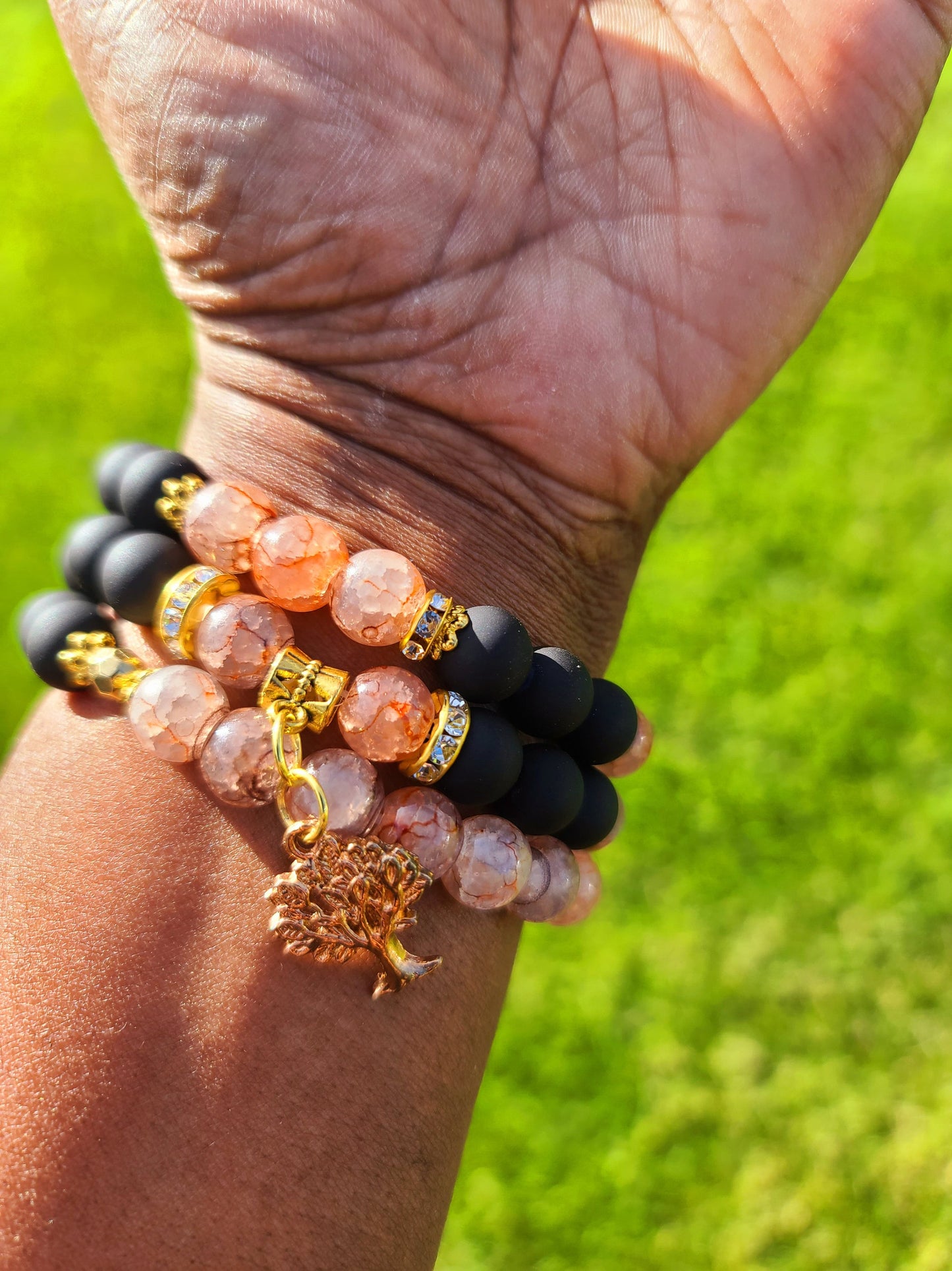 Beaded Bracelet Set Black Matte and Salmon Crackle Glass Beads Gold Tree Charm Fashion Accessory One-Of-A-Kind For Her Gift