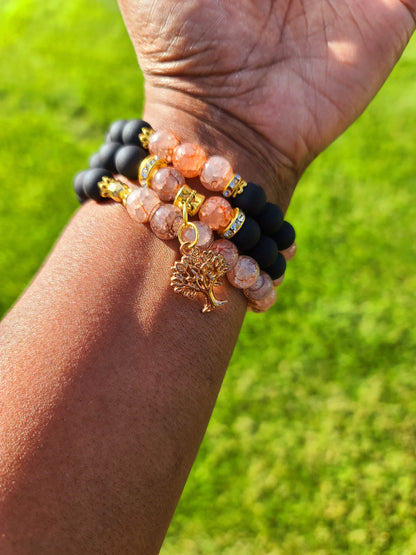 Beaded Bracelet Set Black Matte and Salmon Crackle Glass Beads Gold Tree Charm Fashion Accessory One-Of-A-Kind For Her Gift