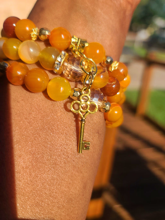 Beaded Bracelet Set Orange Banded Round Agate Gold Key Charm Fashion Accessory Gift For Her