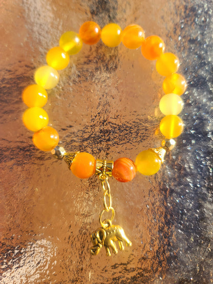Beaded Bracelet Orange Banded Round Agate with Gold Elephant Charm Gift For Her
