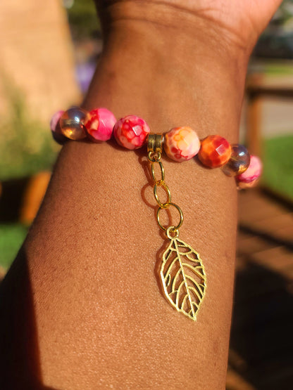 Beaded Bracelet Pink, Red & Orange Faceted Jade Gold Leaf CharmGift For Her