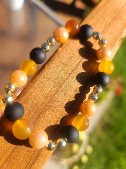 Beaded Bracelet Matte Black and Orange Banded Round Agate Gold Spacers Gift For Her