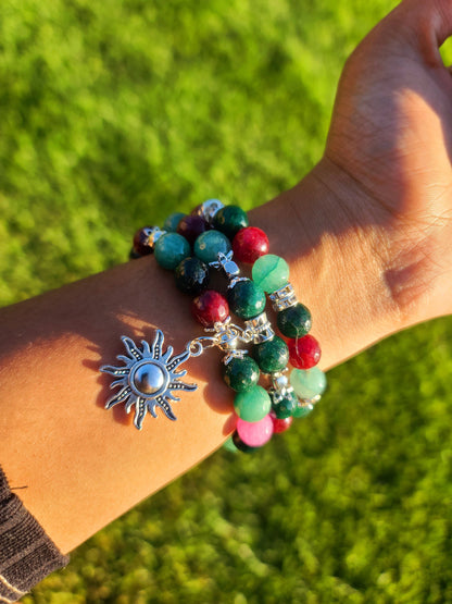 Beaded Bracelet Set Green, Cranberry & Pink Agate with Silver Sun Charm One-Of-A-Kind Gift For Her